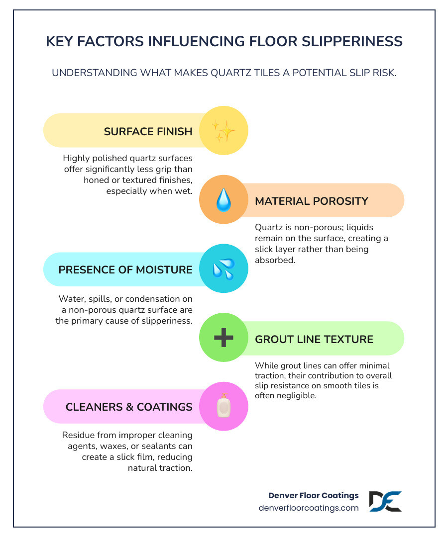 Infographic showing key factors affecting floor slipperiness: surface finish (polished vs textured), material porosity, presence of water or contaminants, grout line texture, and applied coatings or sealants - are quartz floor tiles slippery infographic infographic-line-5-steps-colors Infographic showing key factors affecting floor slipperiness: surface finish (polished vs textured), material porosity, presence of water or contaminants, grout line texture, and applied coatings or sealants - are quartz floor tiles slippery infographic infographic-line-5-steps-colors