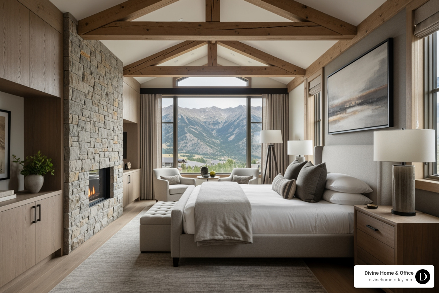 Luxury modern mountain bedroom with exposed timber beams and mountain views - 2 bhk flats design