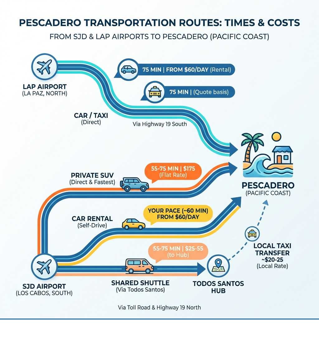 Infographic showing transportation routes from SJD and LAP airports to Pescadero with travel times and costs - Pescadero Transportation infographic Infographic showing transportation routes from SJD and LAP airports to Pescadero with travel times and costs - Pescadero Transportation infographic