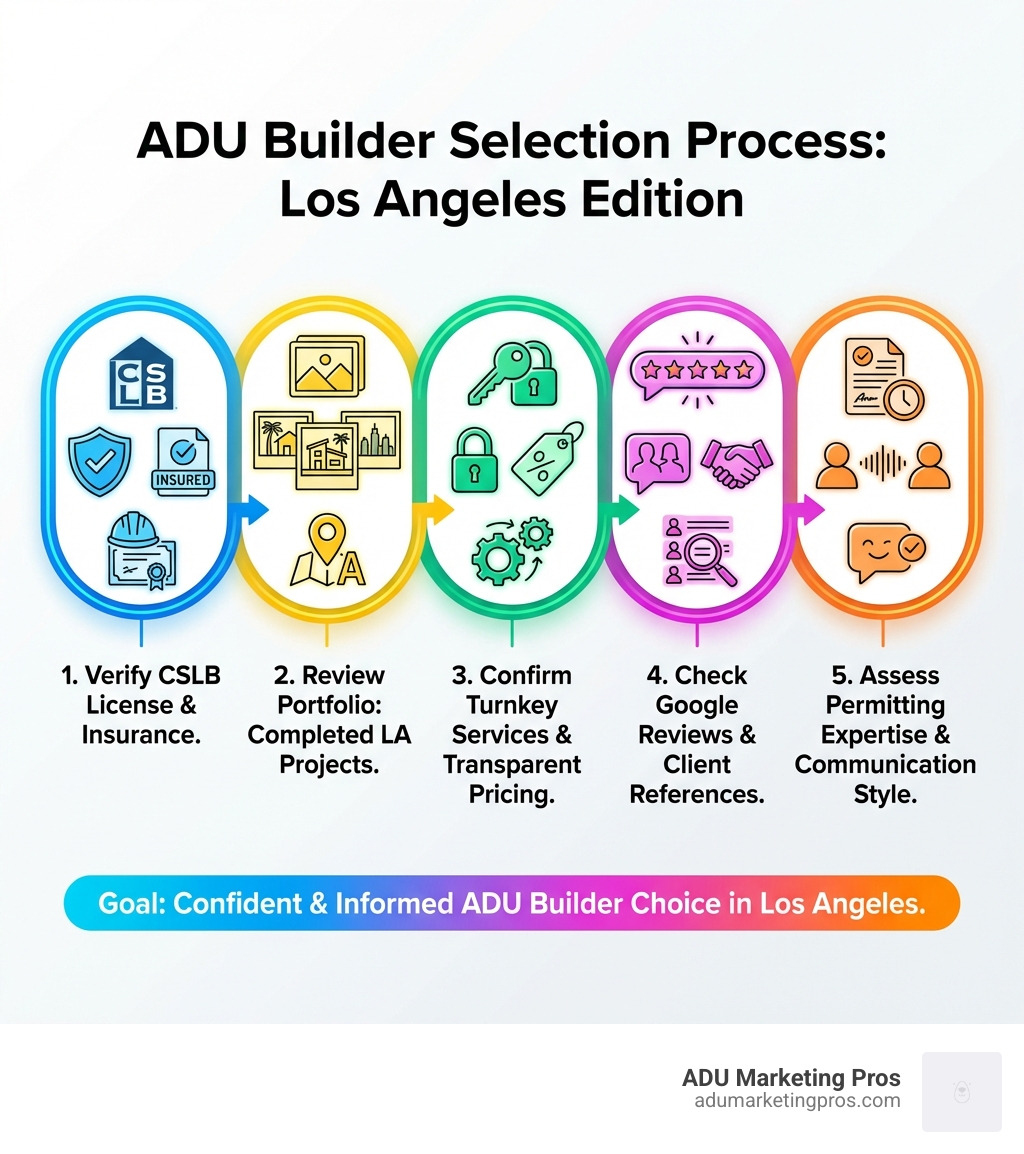 Infographic showing the ADU builder selection process: 1) Verify CSLB license and insurance, 2) Review portfolio of completed LA projects, 3) Confirm turnkey services and transparent pricing, 4) Check Google reviews and client references, 5) Assess permitting expertise and communication style - ADU builders los angeles infographic Infographic showing the ADU builder selection process: 1) Verify CSLB license and insurance, 2) Review portfolio of completed LA projects, 3) Confirm turnkey services and transparent pricing, 4) Check Google reviews and client references, 5) Assess permitting expertise and communication style - ADU builders los angeles infographic