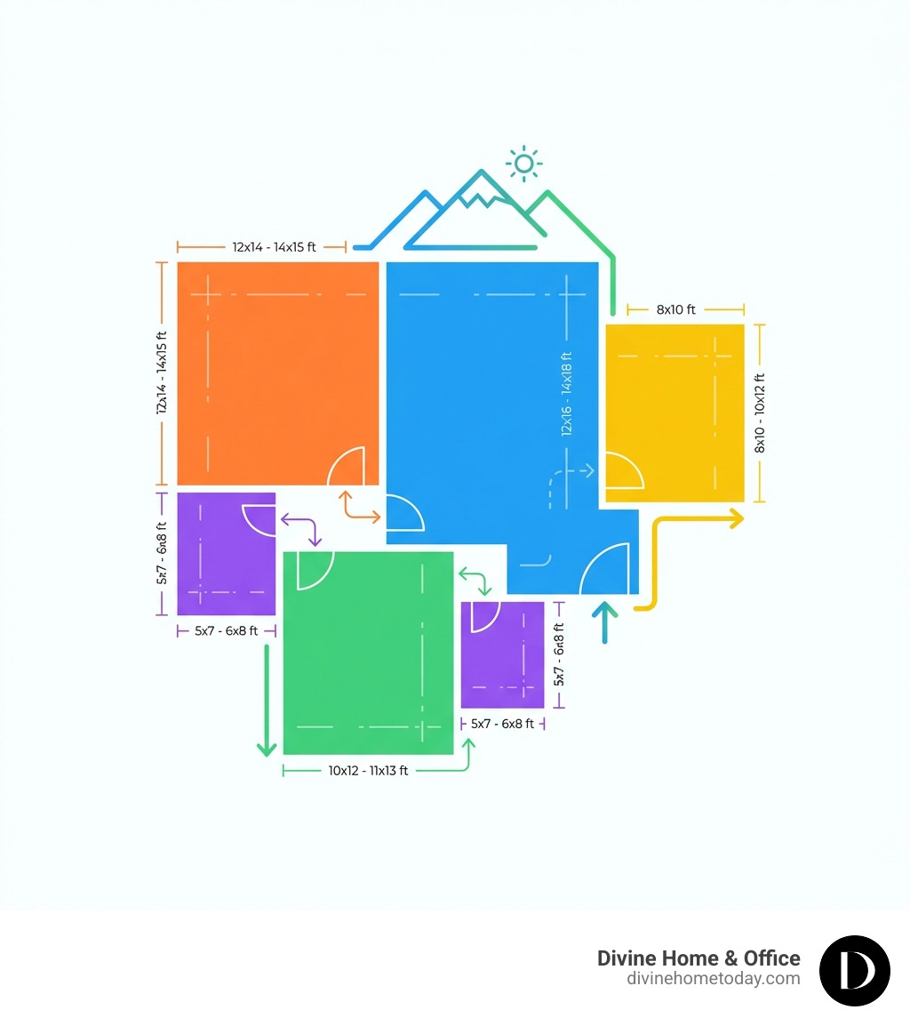 Infographic showing the layout components and typical square footage distribution of a 2 BHK flat, including ideal room dimensions for living room (12x16 to 14x18 ft), master bedroom (12x14 to 14x15 ft), second bedroom (10x12 to 11x13 ft), kitchen (8x10 to 10x12 ft), and bathrooms (5x7 to 6x8 ft) - 2 bhk flats design infographic 