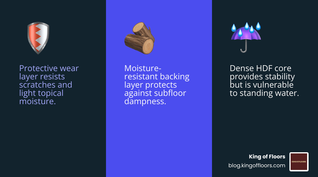 Infographic showing AC5 laminate construction with four distinct layers: protective wear layer on top, realistic wood-look design layer, dense HDF core for stability, and moisture-resistant backing layer on bottom, with labels indicating water resistance capabilities of each layer - is ac5 laminate flooring waterproof infographic 3_facts_emoji_blue Infographic showing AC5 laminate construction with four distinct layers: protective wear layer on top, realistic wood-look design layer, dense HDF core for stability, and moisture-resistant backing layer on bottom, with labels indicating water resistance capabilities of each layer - is ac5 laminate flooring waterproof infographic 3_facts_emoji_blue