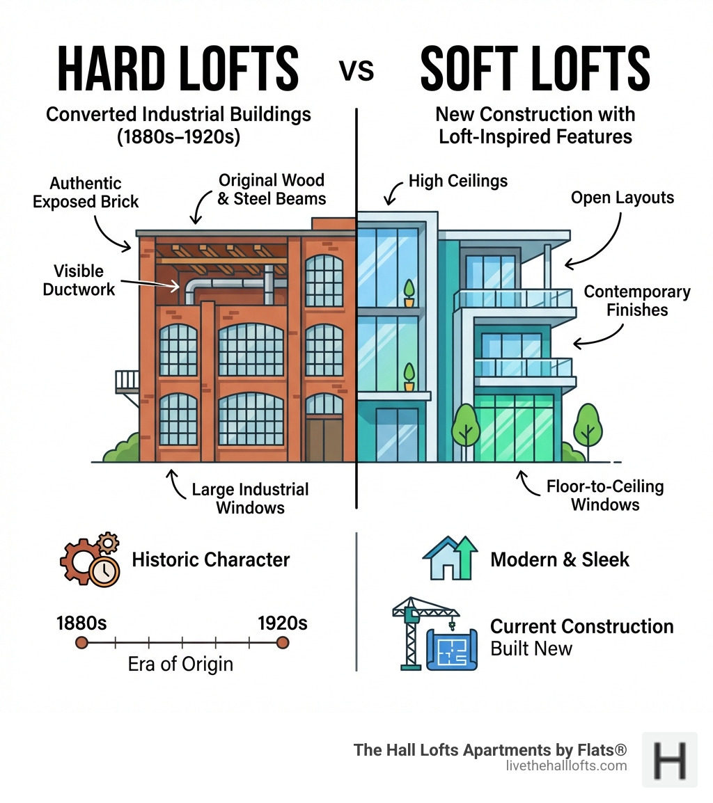 Infographic comparing hard lofts and soft lofts in Minneapolis, showing hard lofts as converted industrial buildings from the 1880s-1920s with authentic exposed brick and beams versus soft lofts as new construction with loft-inspired features like high ceilings and open layouts but contemporary finishes - lofts for rent in minneapolis mn infographic 