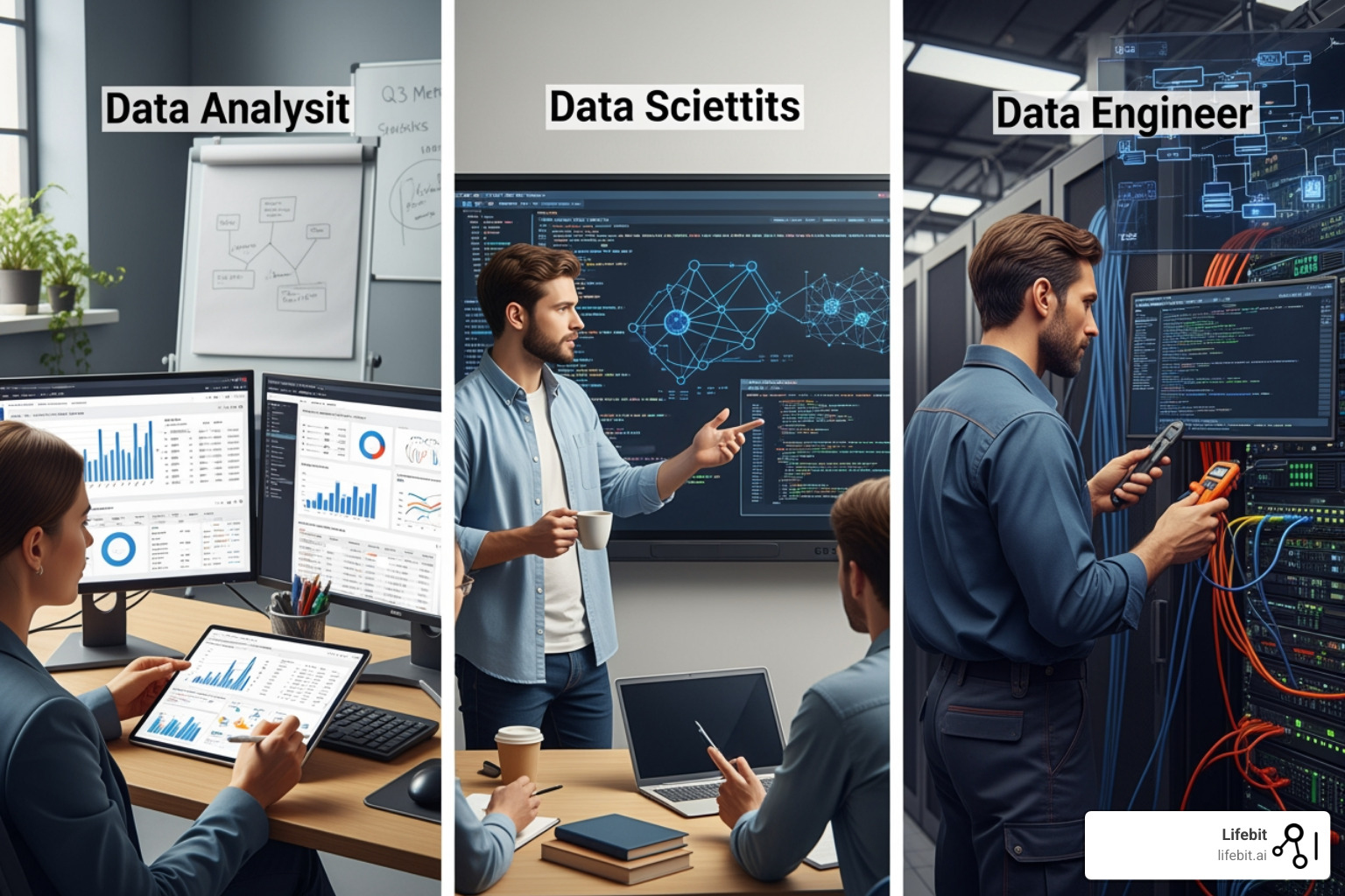 diverse team of data professionals collaborating around a screen showing medical insights - real world data jobs