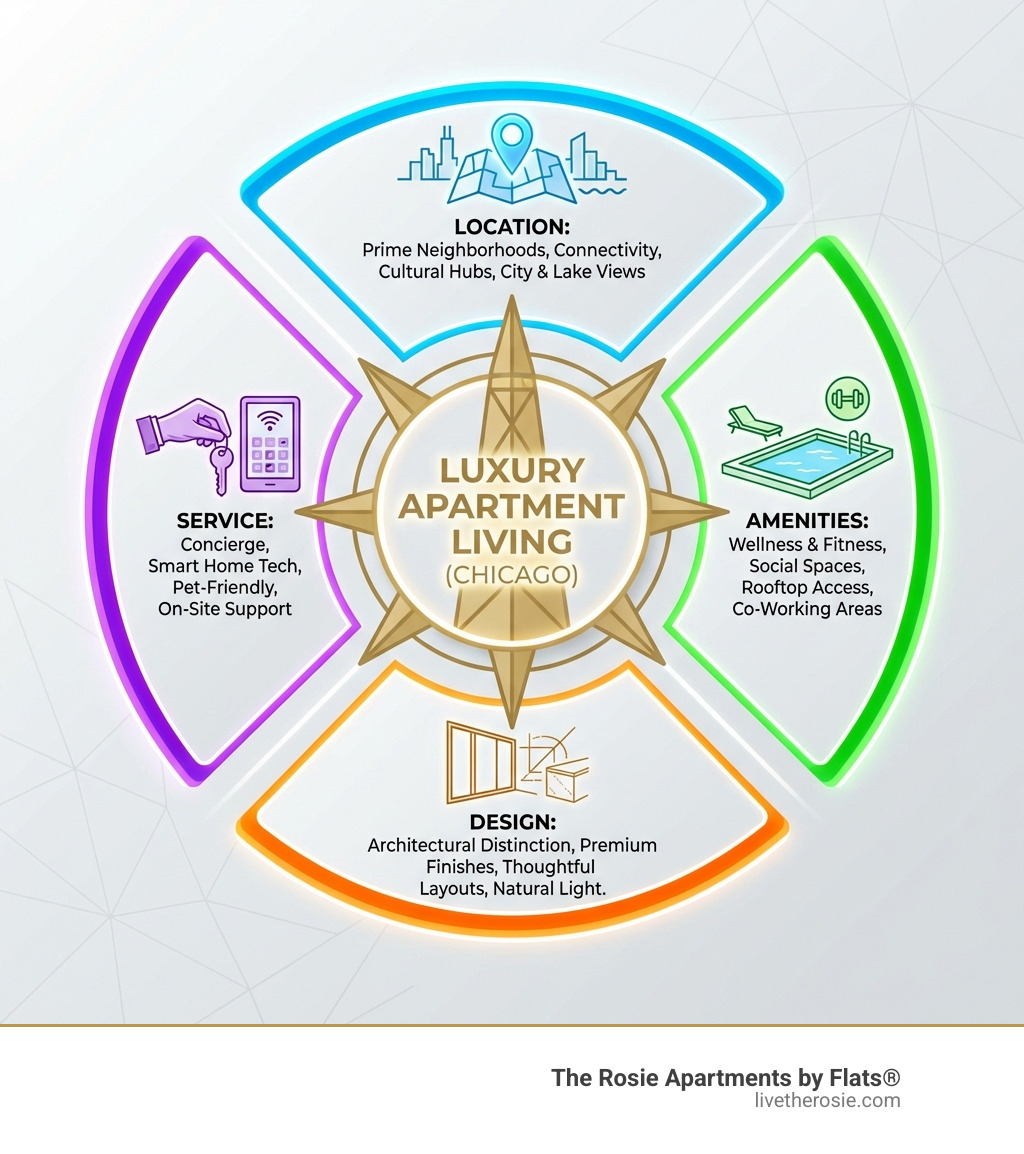 Infographic showing the four pillars of luxury apartment living: Location, Amenities, Design, and Service - chicago luxury apartments infographic 