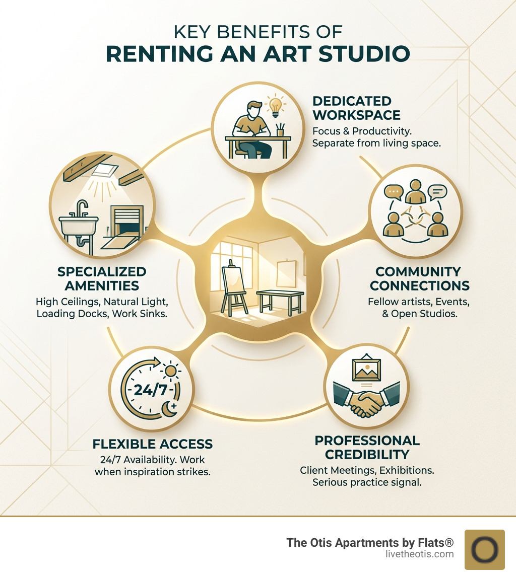 Infographic showing the key benefits of renting an art studio: dedicated workspace for focus and productivity, community connections with fellow artists through events and open studios, professional credibility for client meetings and exhibitions, flexible access with 24/7 availability, and specialized amenities like high ceilings, natural light, loading docks, and work sinks - rent an art studio infographic 