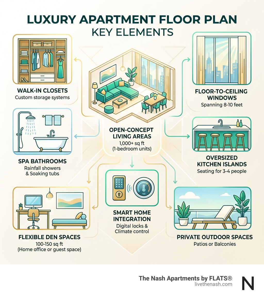 Infographic showing the key elements of luxury apartment floor plans: open-concept living areas measuring 1,000+ square feet for one-bedrooms, floor-to-ceiling windows spanning 8-10 feet, oversized kitchen islands with seating for 3-4 people, walk-in closets with custom storage systems, spa bathrooms with rainfall showers and soaking tubs, flexible den spaces of 100-150 square feet, smart home integration including digital locks and climate control, and private outdoor spaces like patios or balconies - luxury apartment plans infographic 