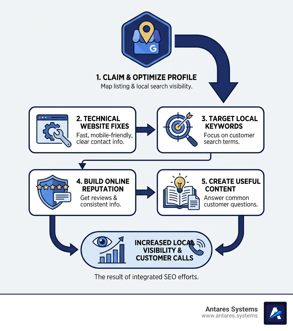 infographic showing the five core SEO priorities: Google Business Profile optimization at the top, followed by technical website fixes, keyword targeting, reputation management, and content creation, with arrows showing how these elements work together to increase local visibility and customer calls - search engine optimization for small businesses infographic 