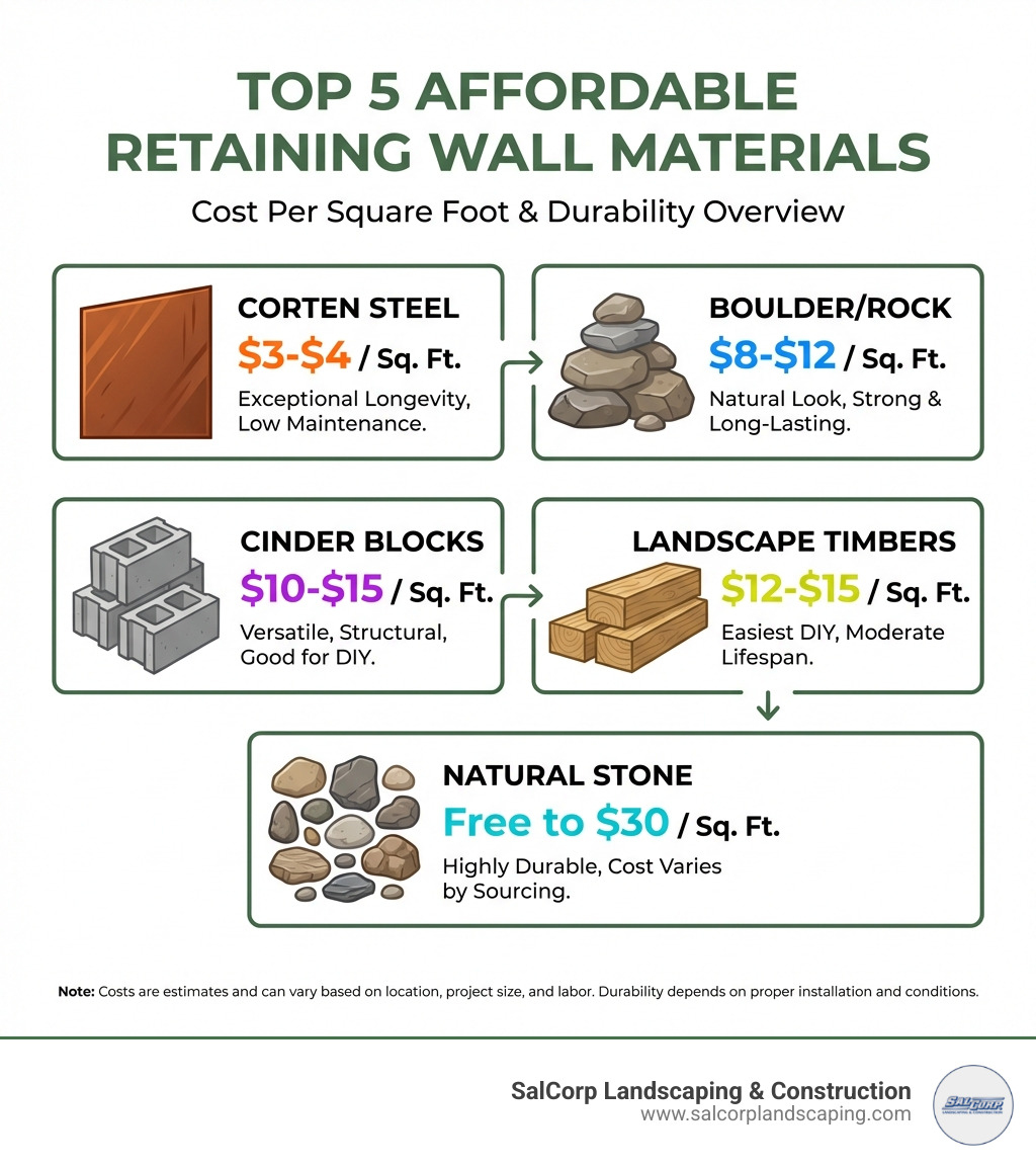 Infographic showing the top 5 cheapest retaining wall materials with cost per square foot ranges: Corten Steel ($3-4), Boulder/Rock ($8-12), Cinder Blocks ($10-15), Landscape Timbers ($12-15), and Natural Stone (Free to $30), including small icons for each material type and brief durability notes - cheapest way to build a retaining wall infographic Infographic showing the top 5 cheapest retaining wall materials with cost per square foot ranges: Corten Steel ($3-4), Boulder/Rock ($8-12), Cinder Blocks ($10-15), Landscape Timbers ($12-15), and Natural Stone (Free to $30), including small icons for each material type and brief durability notes - cheapest way to build a retaining wall infographic