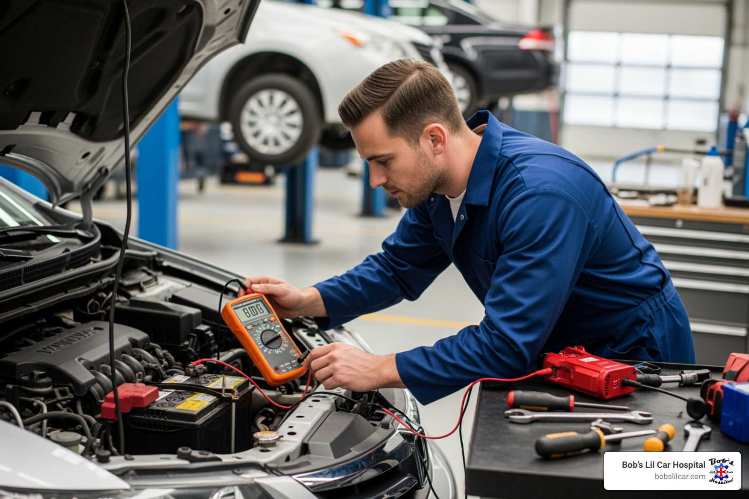 technician using a multimeter on a car battery - car electrical diagnostic near me