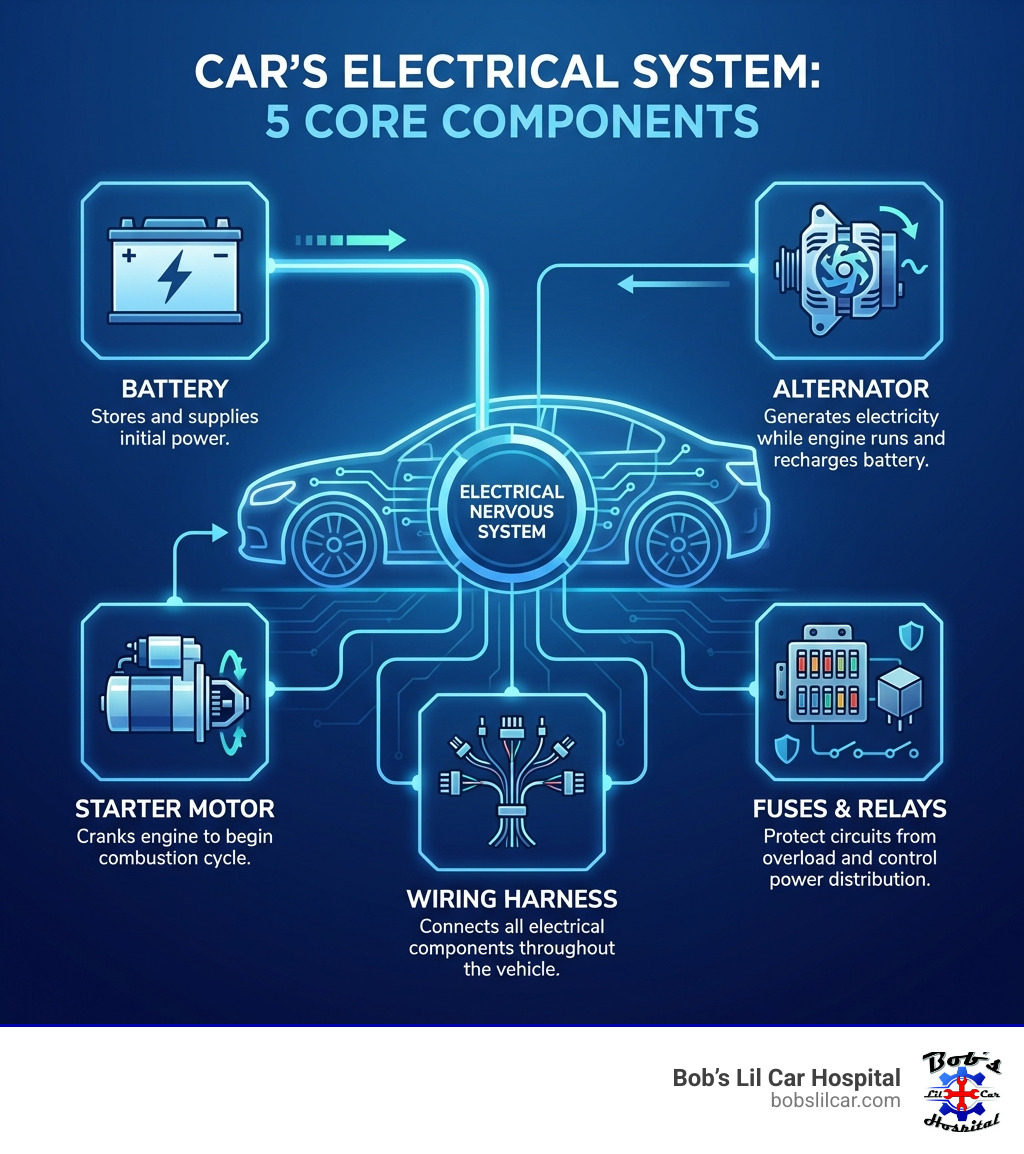 Infographic showing the five core components of a car's electrical system: Battery stores and supplies initial power, Alternator generates electricity while engine runs and recharges battery, Starter motor cranks engine to begin combustion cycle, Fuses and Relays protect circuits from overload and control power distribution, Wiring Harness connects all electrical components throughout the vehicle - car electrical diagnostic near me infographic 