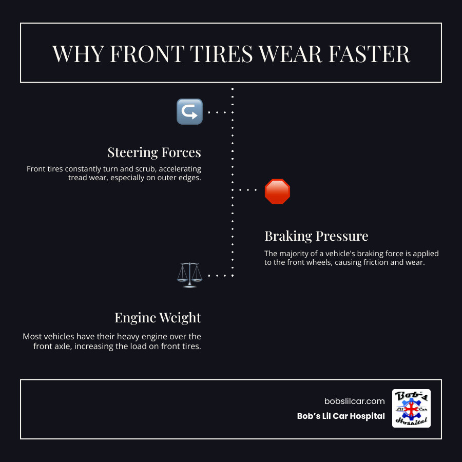 Infographic showing how front tires experience faster wear due to steering forces, braking pressure, and engine weight distribution compared to rear tires, with arrows indicating rotation patterns for front-wheel drive, rear-wheel drive, and all-wheel drive vehicles - normal tire rotation infographic infographic-line-3-steps-dark