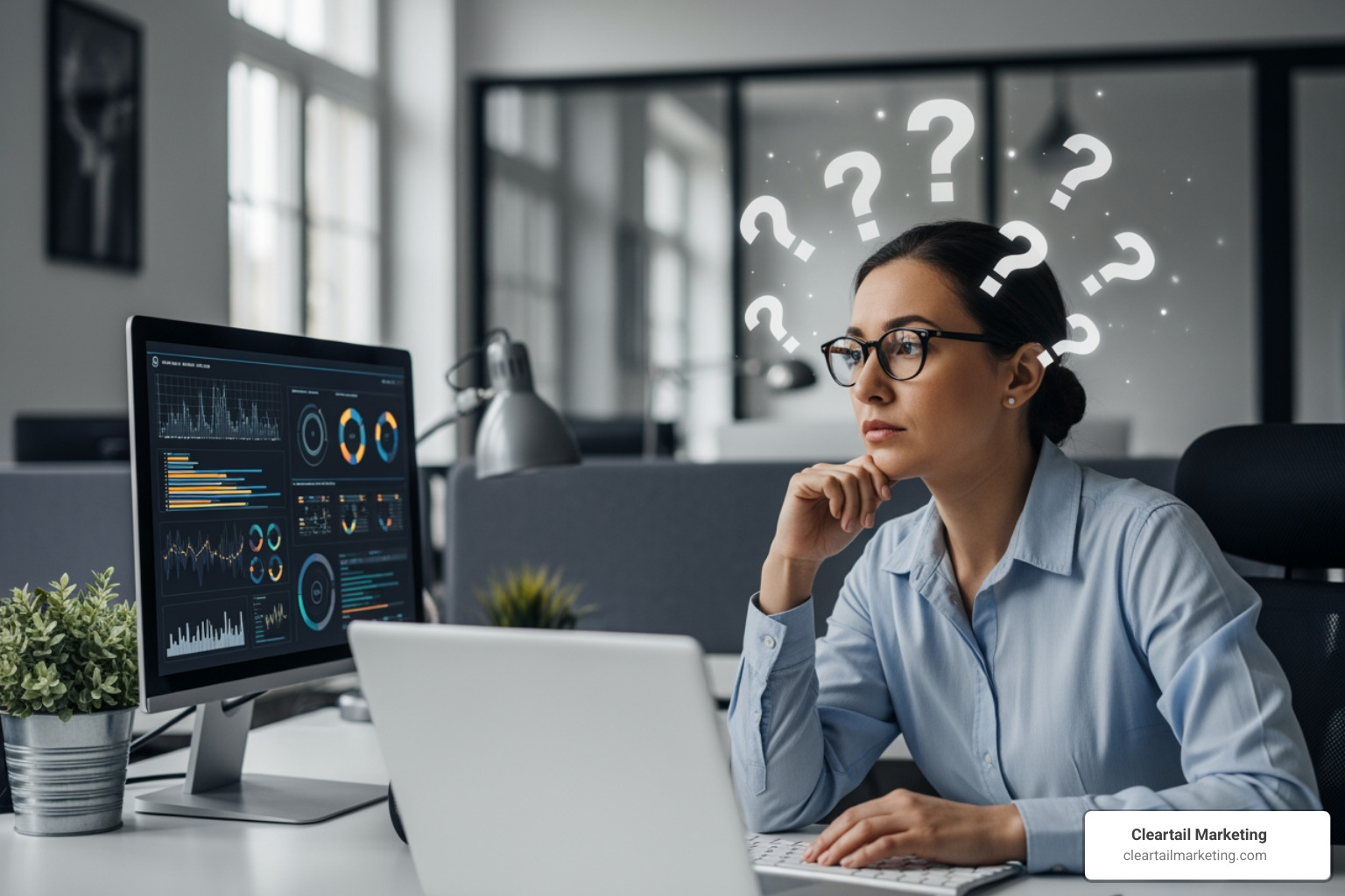 Person thoughtfully looking at computer with question marks - affordable business hosting