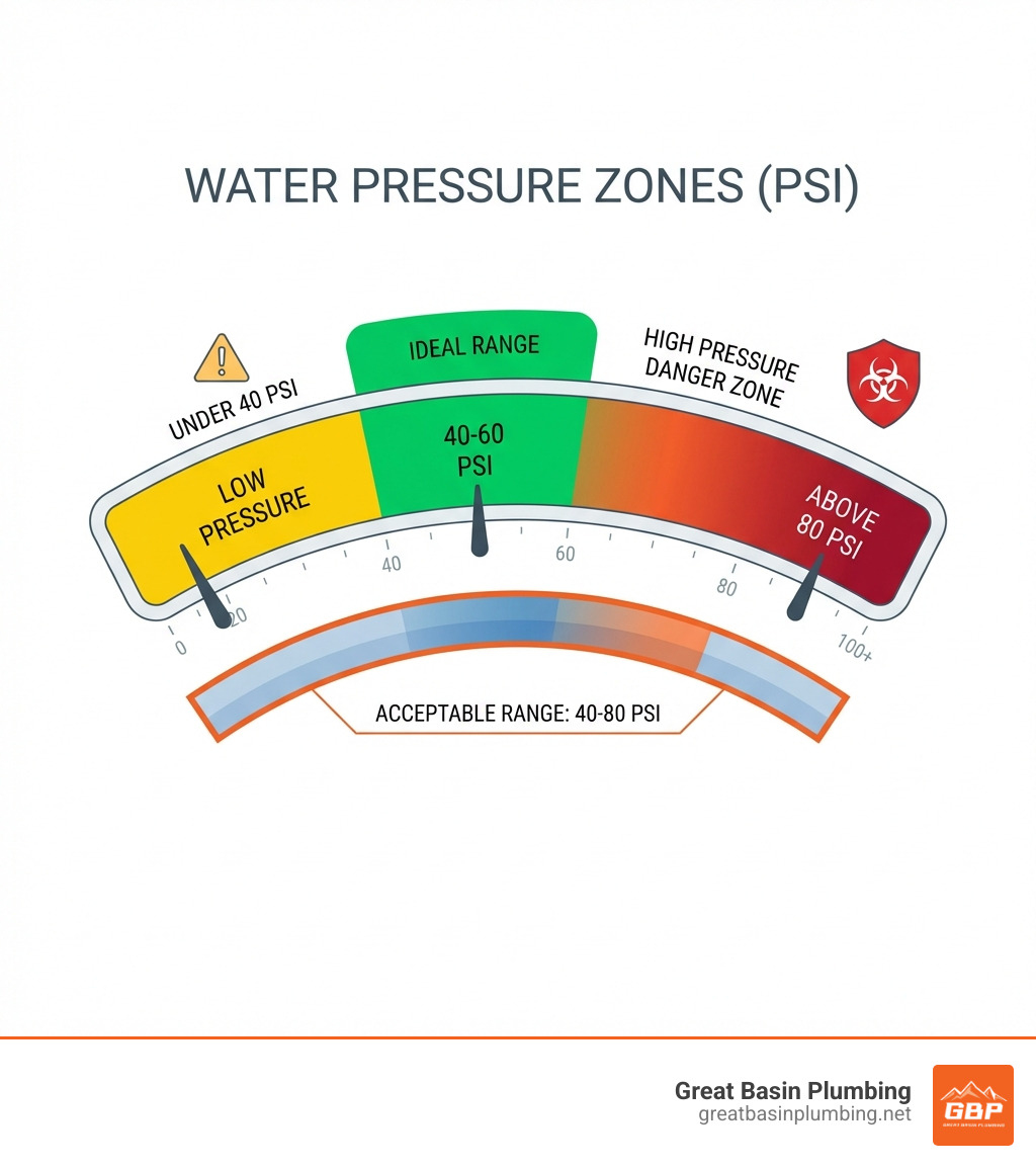 Infographic showing water pressure zones: Ideal range 40-60 PSI in green, Low pressure under 40 PSI in yellow with warning icon, High pressure danger zone above 80 PSI in red with caution symbol, and acceptable range 40-80 PSI marked clearly - Water pressure issues infographic 
