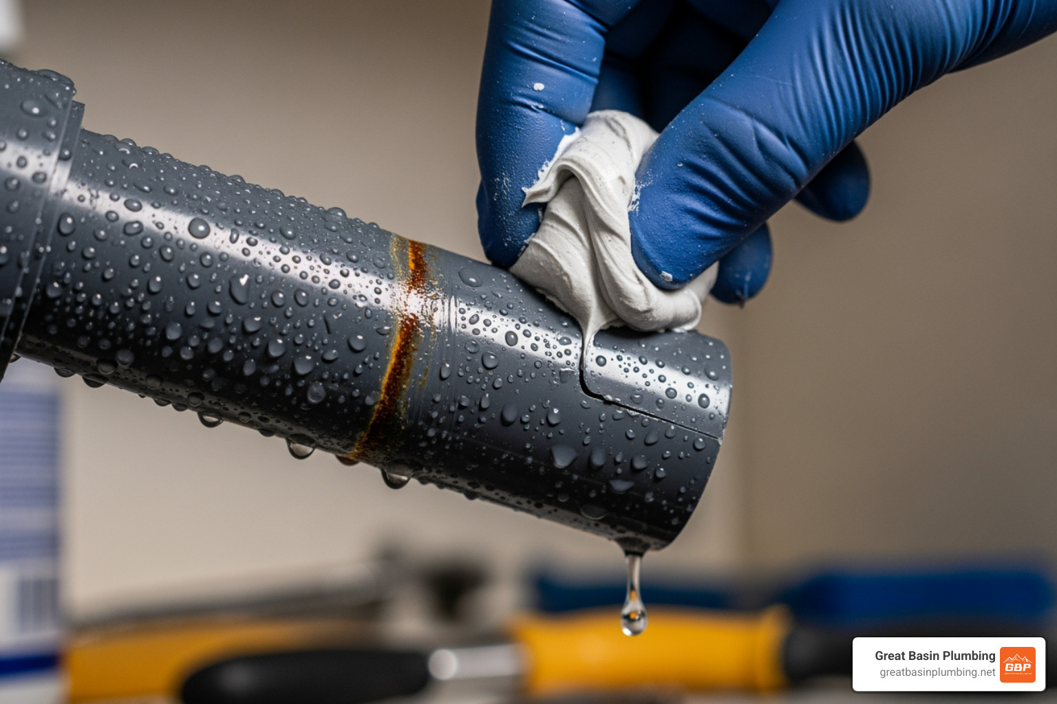 Image of someone applying epoxy putty to a pipe - Drain pipe repair