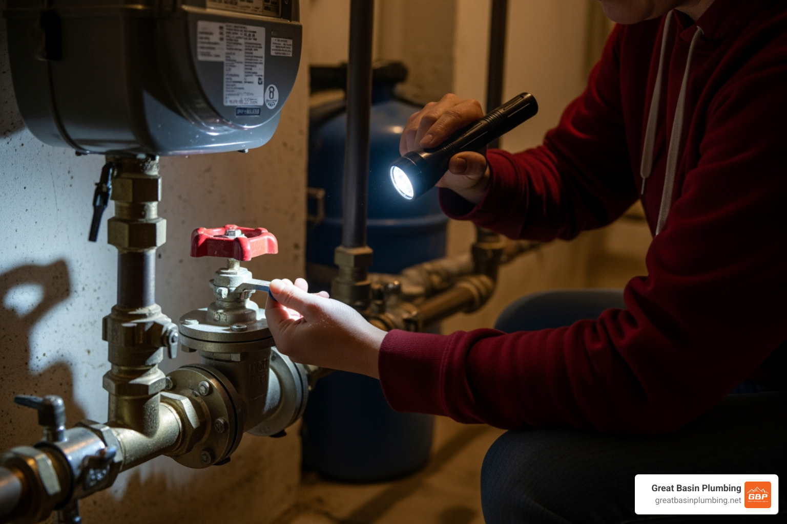 person turning a main water shut-off valve with a flashlight - after hours drain cleaning
