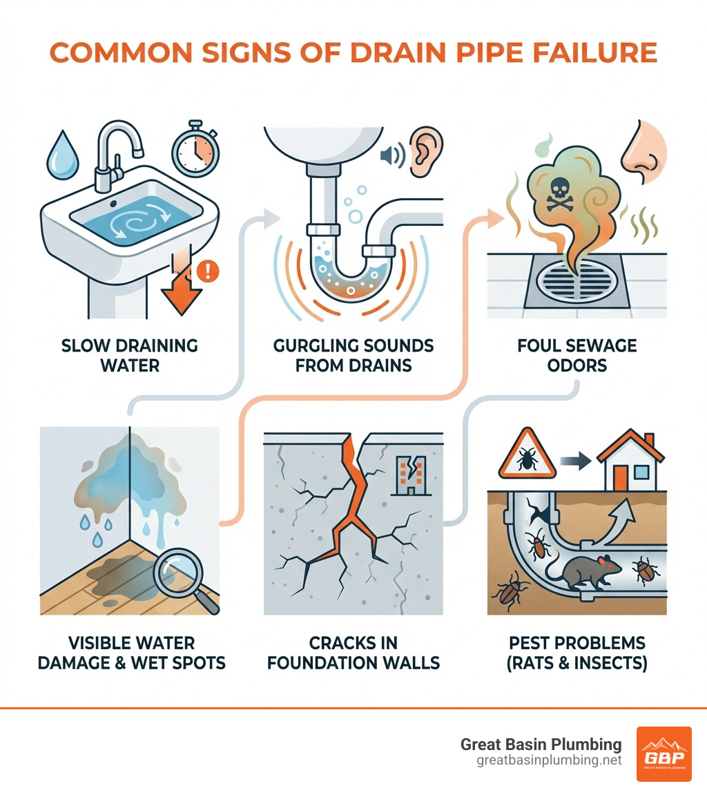 Infographic showing common signs of drain pipe failure including slow draining water, gurgling sounds from drains, foul sewage odors, visible water damage or wet spots, cracks in foundation walls, and pest problems like rats or insects - Drain pipe repair infographic 
