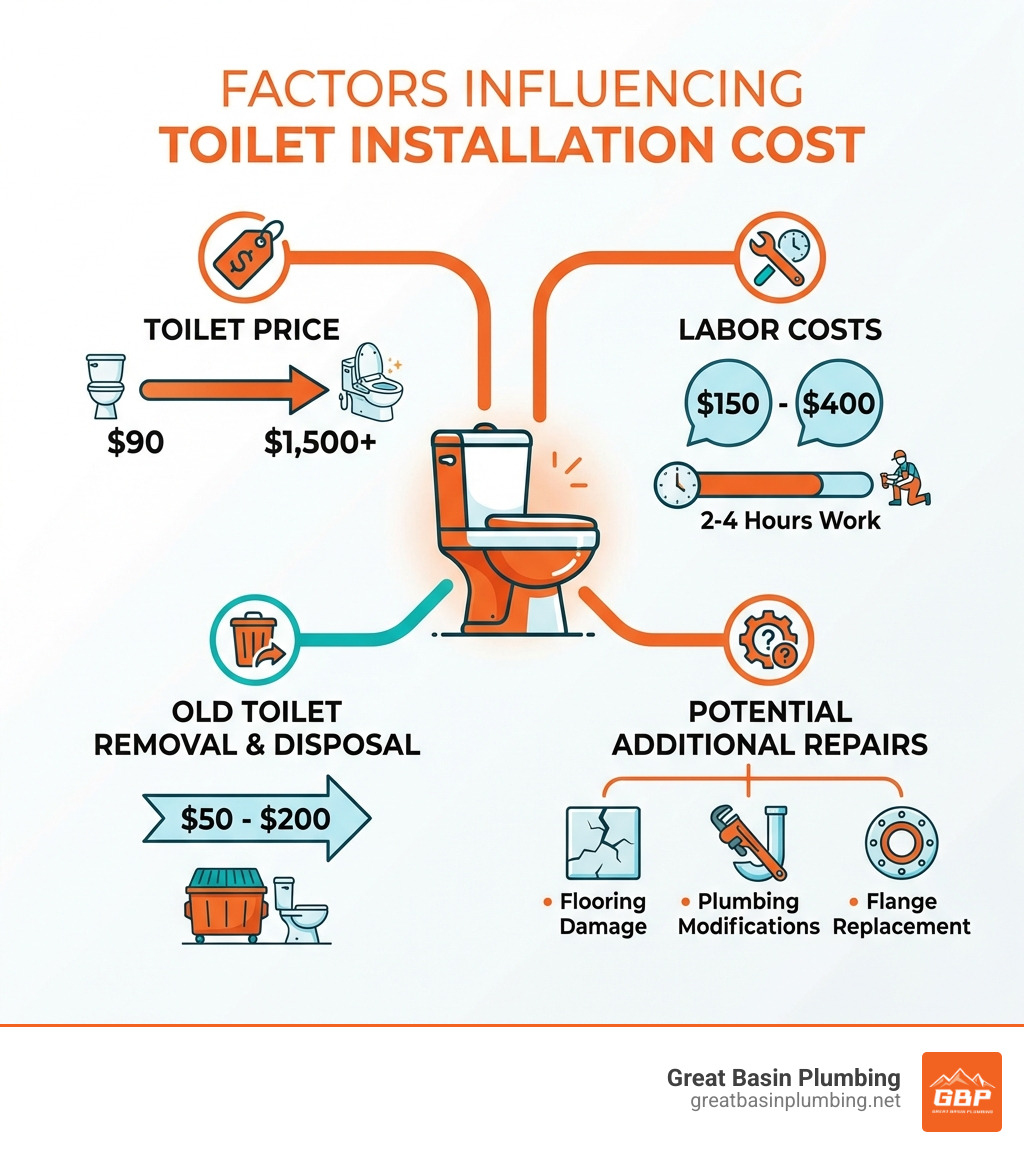 Infographic showing key factors influencing toilet installation cost: Toilet Price ranges from $90-$1,500+, Labor costs $150-$400 for 2-4 hours of work, Old Toilet Removal and Disposal adds $50-$200, and Potential Additional Repairs include flooring damage, plumbing modifications, and flange replacement - average toilet install cost infographic 