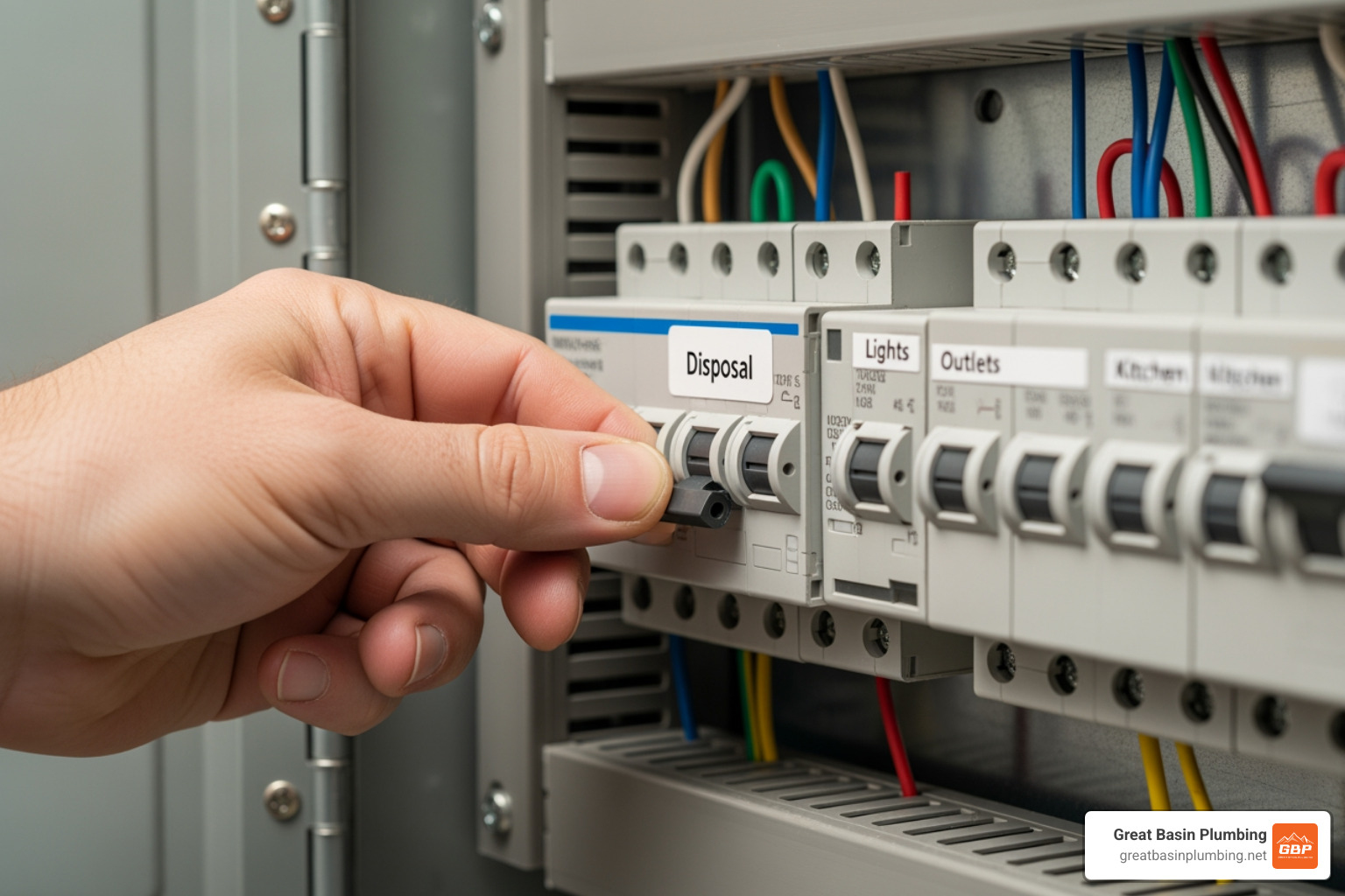 A hand flipping a circuit breaker switch labeled "Disposal" in an electrical panel - garbage disposal installation
