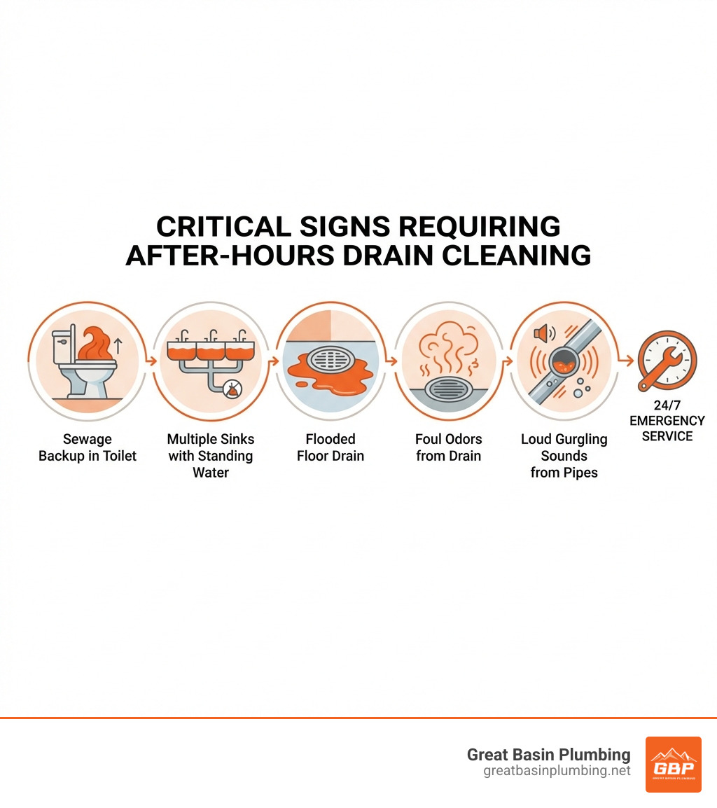 Infographic showing five critical signs requiring after hours drain cleaning: a toilet with sewage backup, multiple sinks with standing water, a flooded floor drain, wavy stink lines from a drain, and sound waves indicating loud gurgling from pipes - after hours drain cleaning infographic 