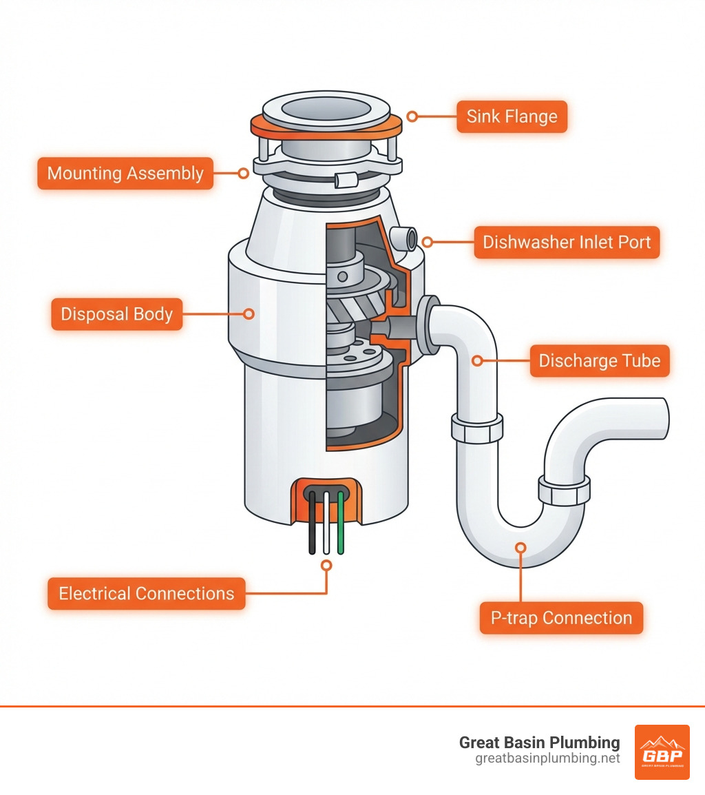 Detailed infographic showing garbage disposal anatomy including sink flange, mounting assembly, disposal body, discharge tube, P-trap connection, electrical connections, and dishwasher inlet port with labels for each component - garbage disposal installation infographic 