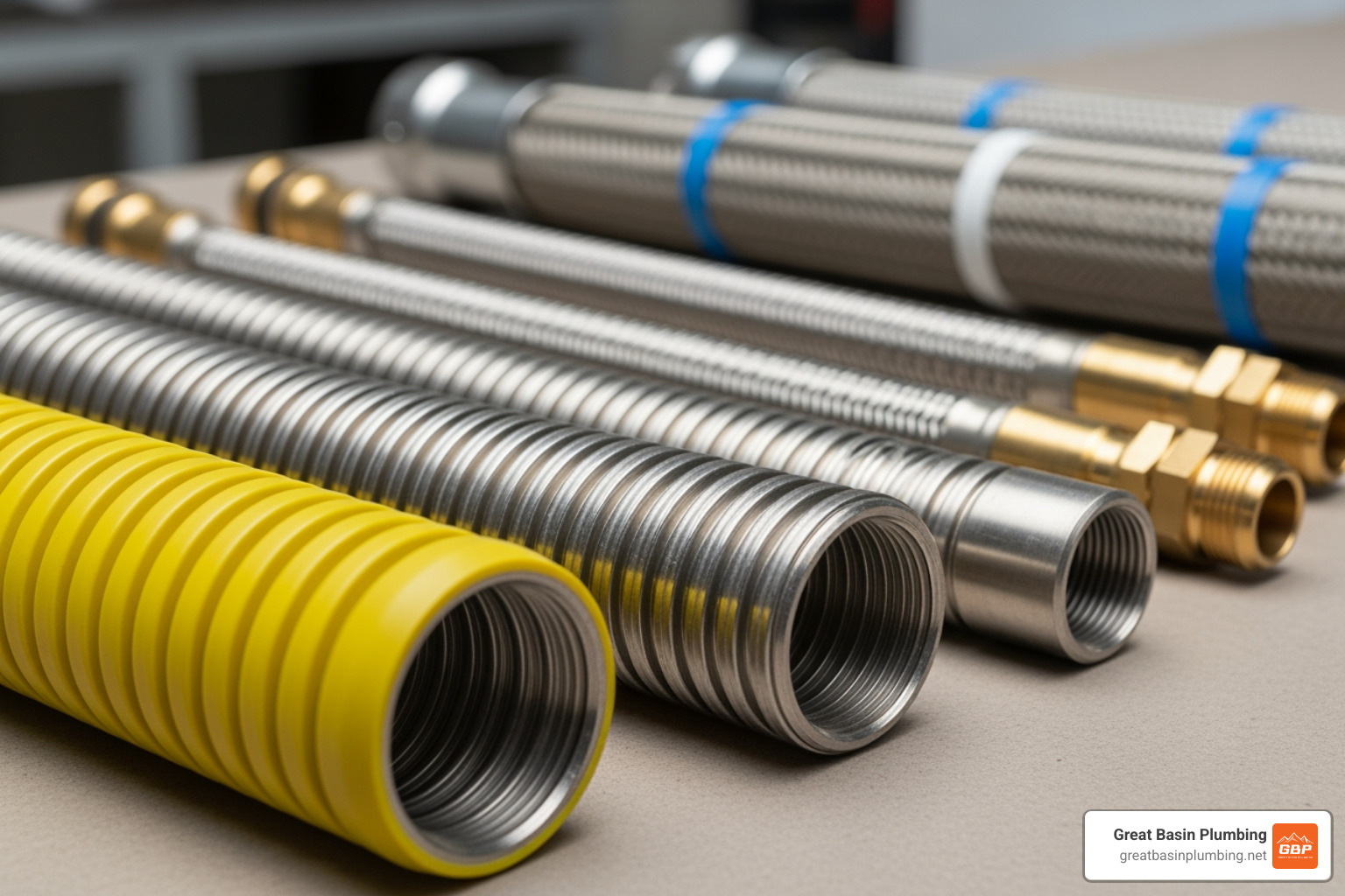different types of flexible gas lines, including yellow-coated and uncoated stainless steel - flexible gas line for hot water heater