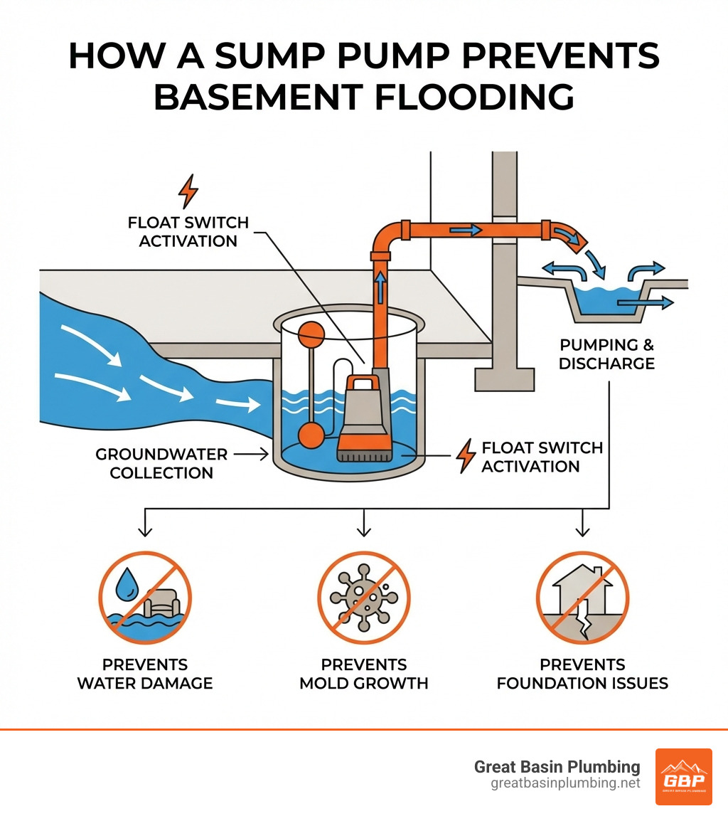 infographic showing how a sump pump prevents basement flooding by collecting groundwater in a pit, activating via float switch, and pumping water away from the foundation through a discharge pipe, preventing water damage, mold growth, and structural foundation issues - sump pump repair company infographic infographic showing how a sump pump prevents basement flooding by collecting groundwater in a pit, activating via float switch, and pumping water away from the foundation through a discharge pipe, preventing water damage, mold growth, and structural foundation issues - sump pump repair company infographic