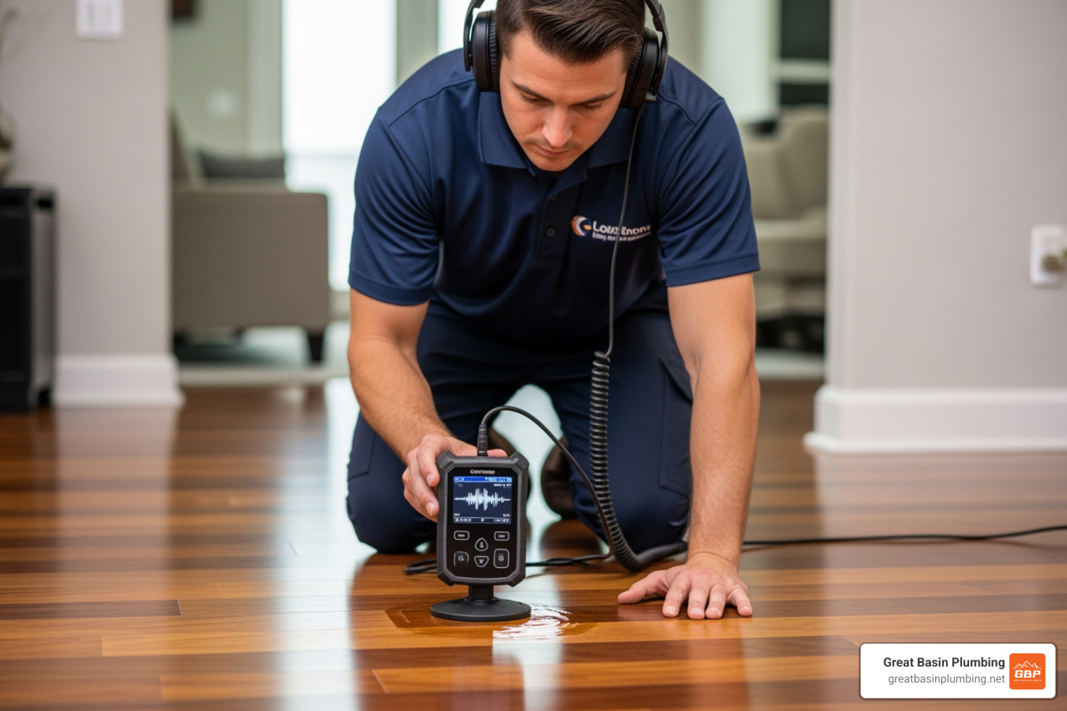 A technician using an acoustic listening device on a floor to detect a hidden water leak - leak detection contractors
