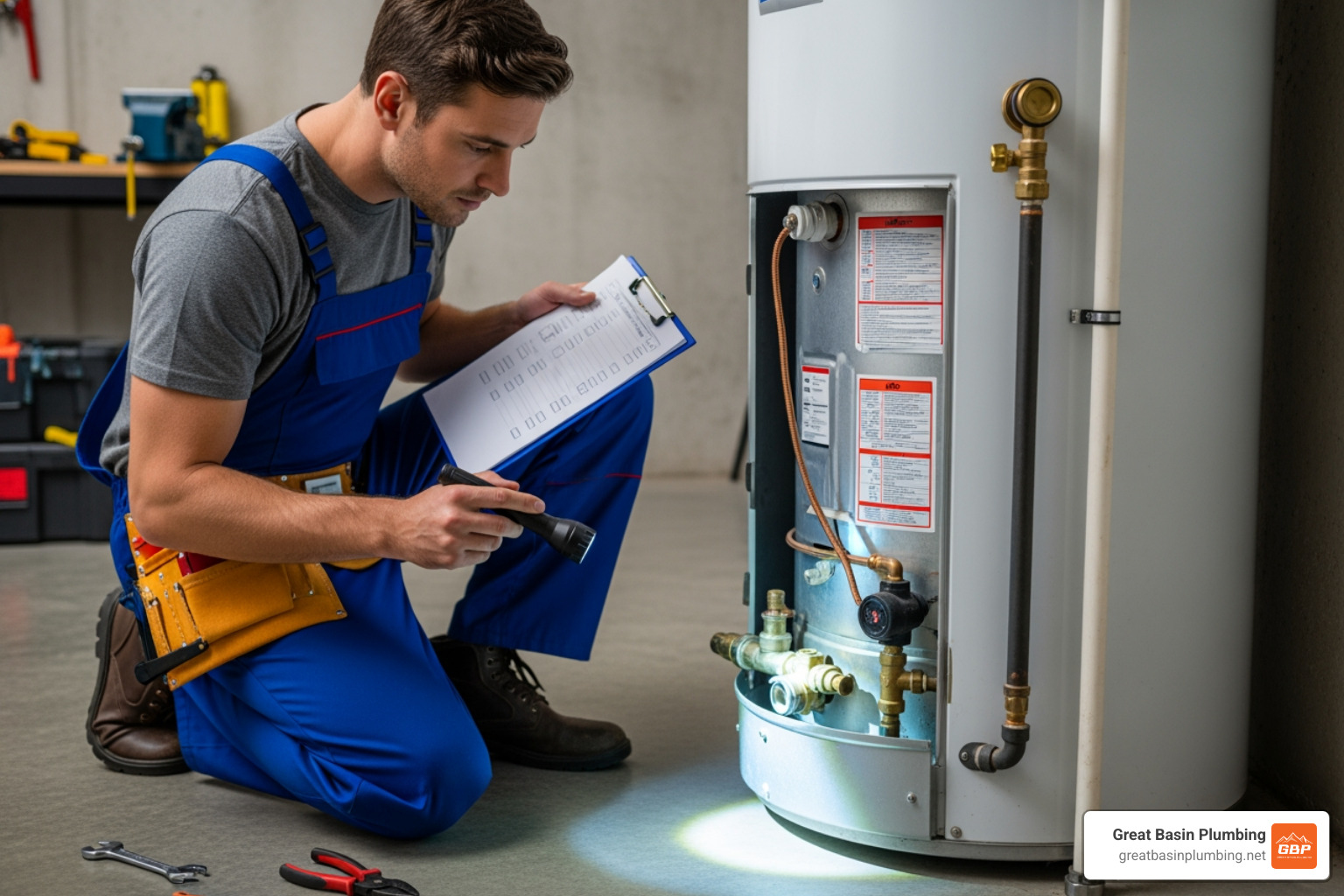 plumber inspecting a water heater with a checklist - plumbing inspection service