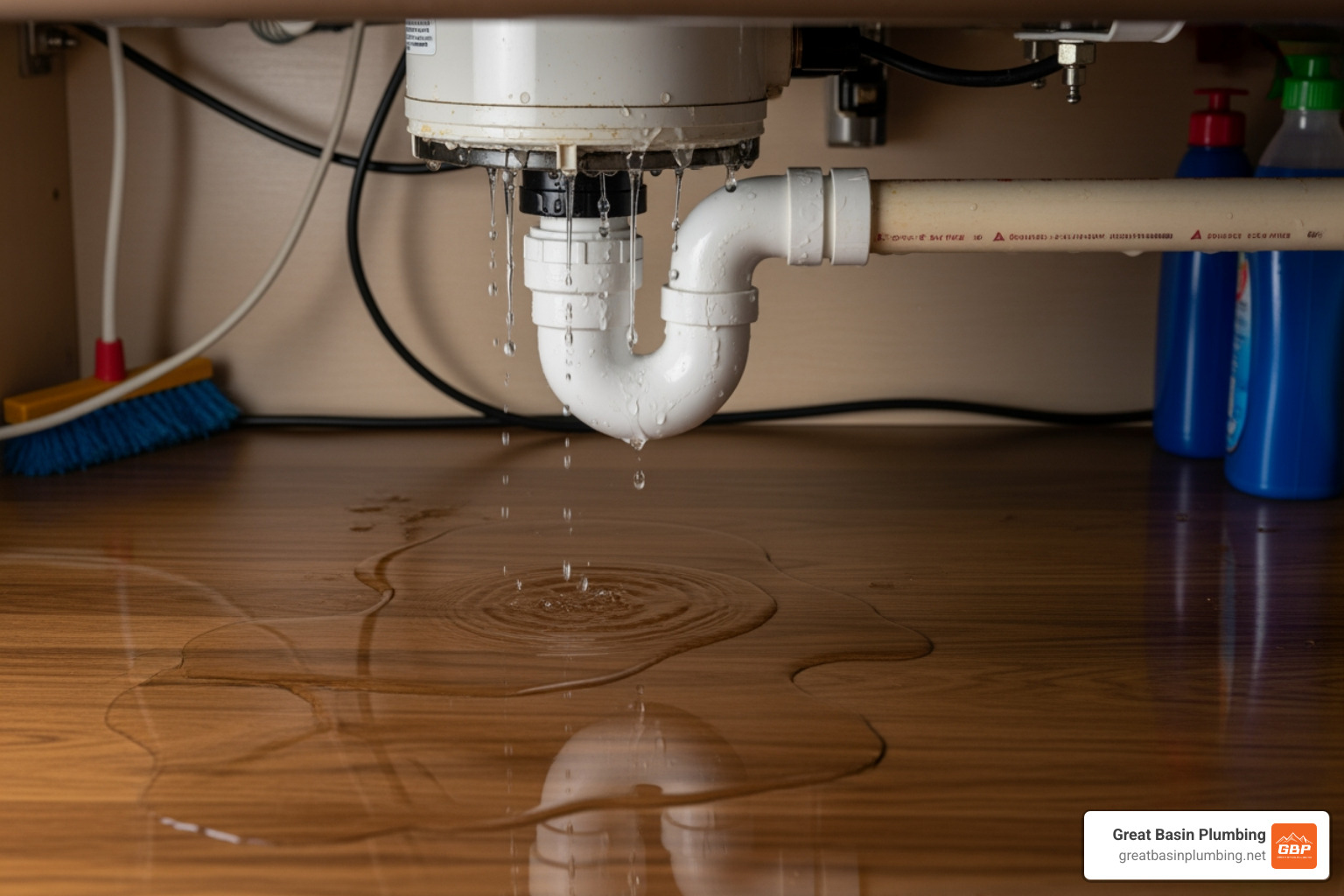 water leaking from a garbage disposal unit under a sink - garbage disposal repair utah