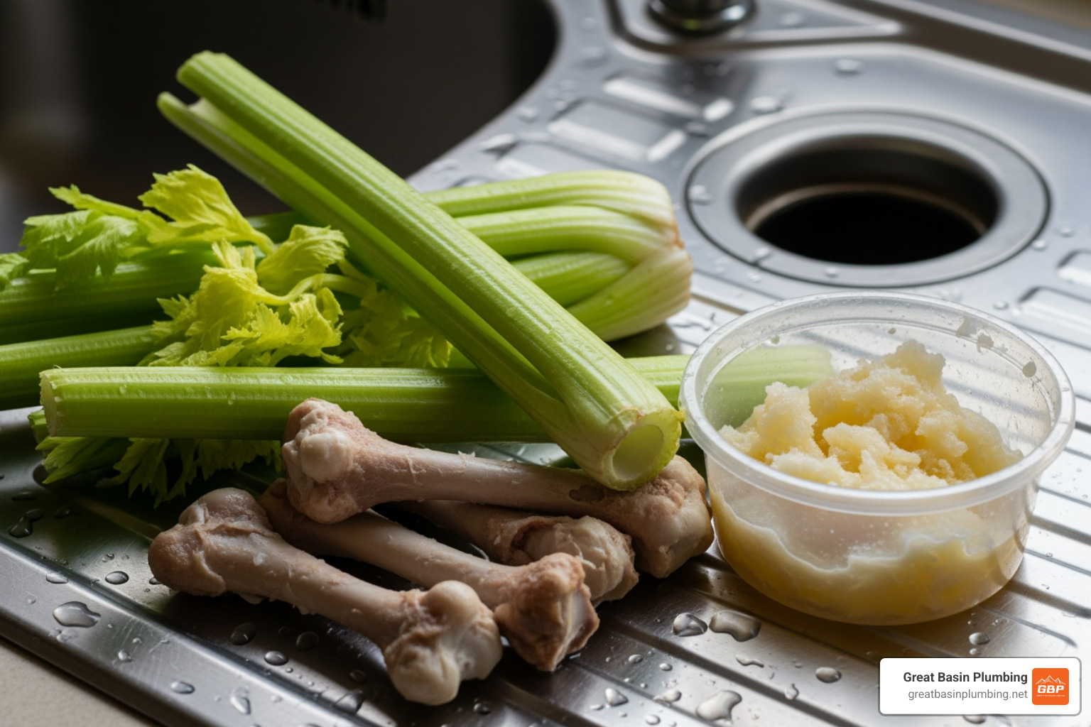 items that should not go down a disposal, like celery, bones, and grease - garbage disposal repair utah