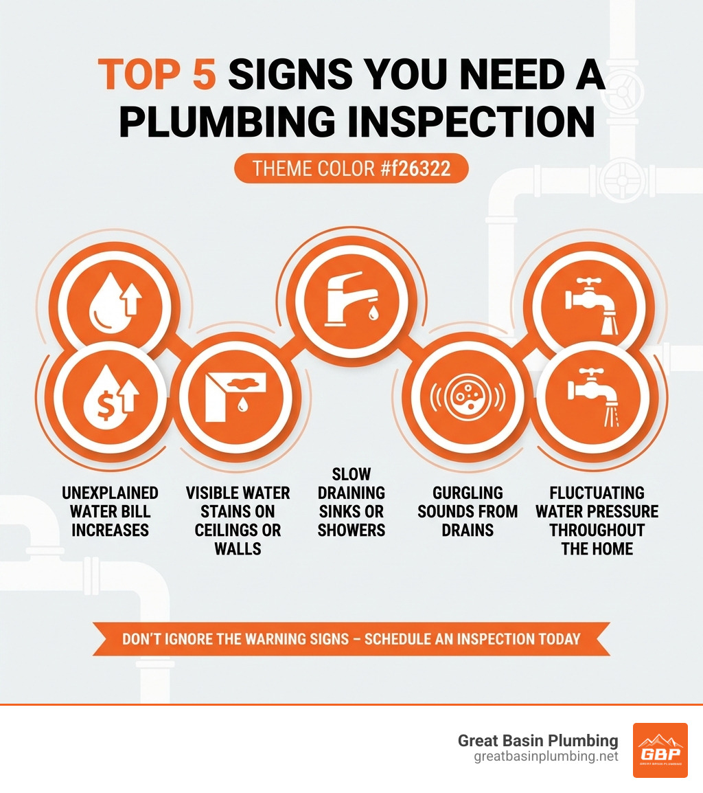 Infographic showing the top 5 signs you need a plumbing inspection: unexplained water bill increases, visible water stains on ceilings or walls, slow draining sinks or showers, gurgling sounds from drains, and fluctuating water pressure throughout the home - plumbing inspection service infographic 