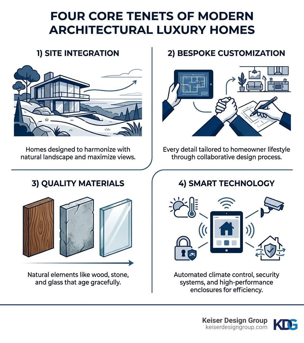 Infographic showing the four core tenets of modern architectural luxury homes: 1) Site Integration - homes designed to harmonize with natural landscape and maximize views, 2) Bespoke Customization - every detail tailored to homeowner lifestyle through collaborative design process, 3) Quality Materials - natural elements like wood, stone, and glass that age gracefully, 4) Smart Technology - automated climate control, security systems, and high-performance enclosures for efficiency - modern architectural luxury homes infographic 