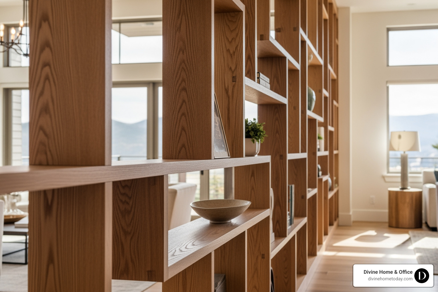 Intricate custom-built wooden shelving integrated into a modern living space - Artisan crafted homes Intricate custom-built wooden shelving integrated into a modern living space - Artisan crafted homes