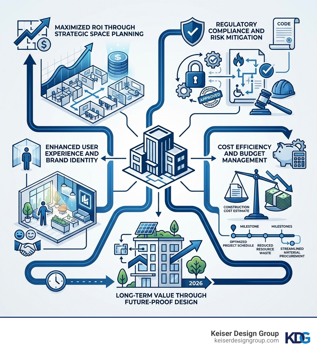 infographic showing the five key benefits of hiring a commercial architect: maximized ROI through strategic space planning, regulatory compliance and risk mitigation, cost efficiency and budget management, enhanced user experience and brand identity, and long-term value through future-proof design - commercial architects infographic 
