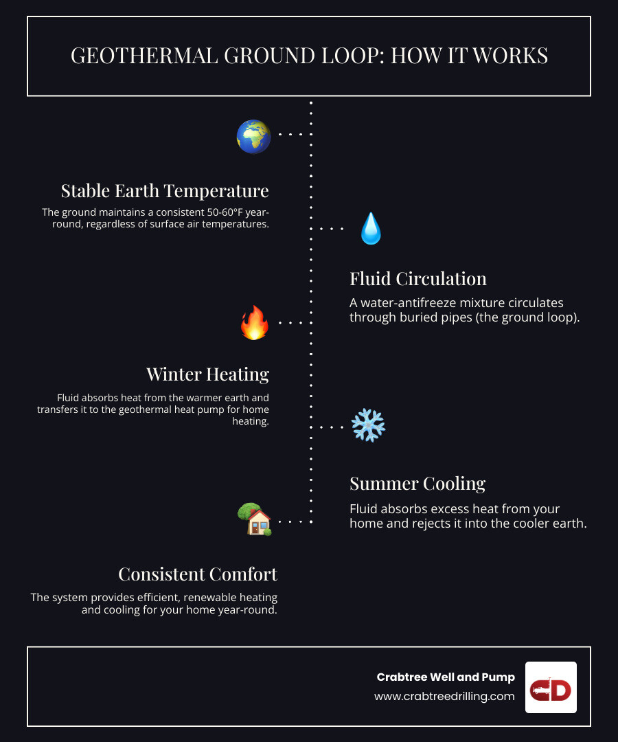 infographic showing a cross-section of a home with geothermal ground loop pipes buried underground, arrows indicating heat transfer from earth to home in winter and from home to earth in summer, with labels showing stable ground temperature at 50-60°F year-round versus fluctuating air temperatures - geothermal ground loop infographic infographic-line-5-steps-dark infographic showing a cross-section of a home with geothermal ground loop pipes buried underground, arrows indicating heat transfer from earth to home in winter and from home to earth in summer, with labels showing stable ground temperature at 50-60°F year-round versus fluctuating air temperatures - geothermal ground loop infographic infographic-line-5-steps-dark