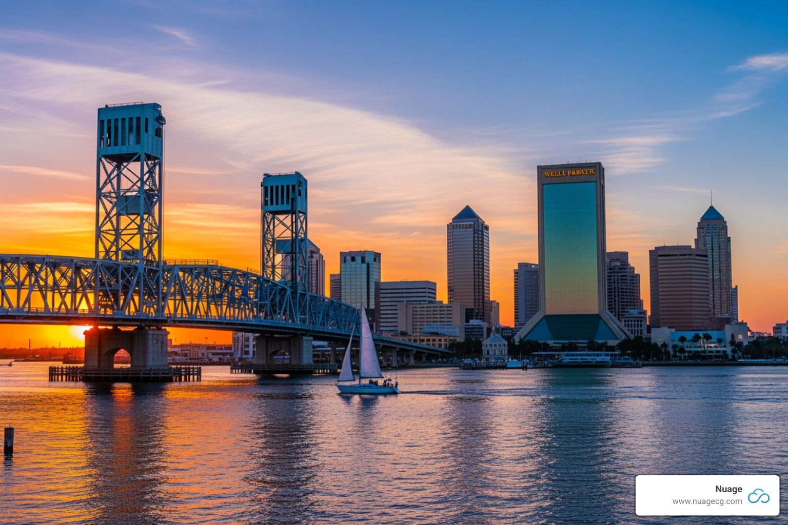 Jacksonville skyline at sunset with a modern bridge - NetSuite Support Jacksonville
