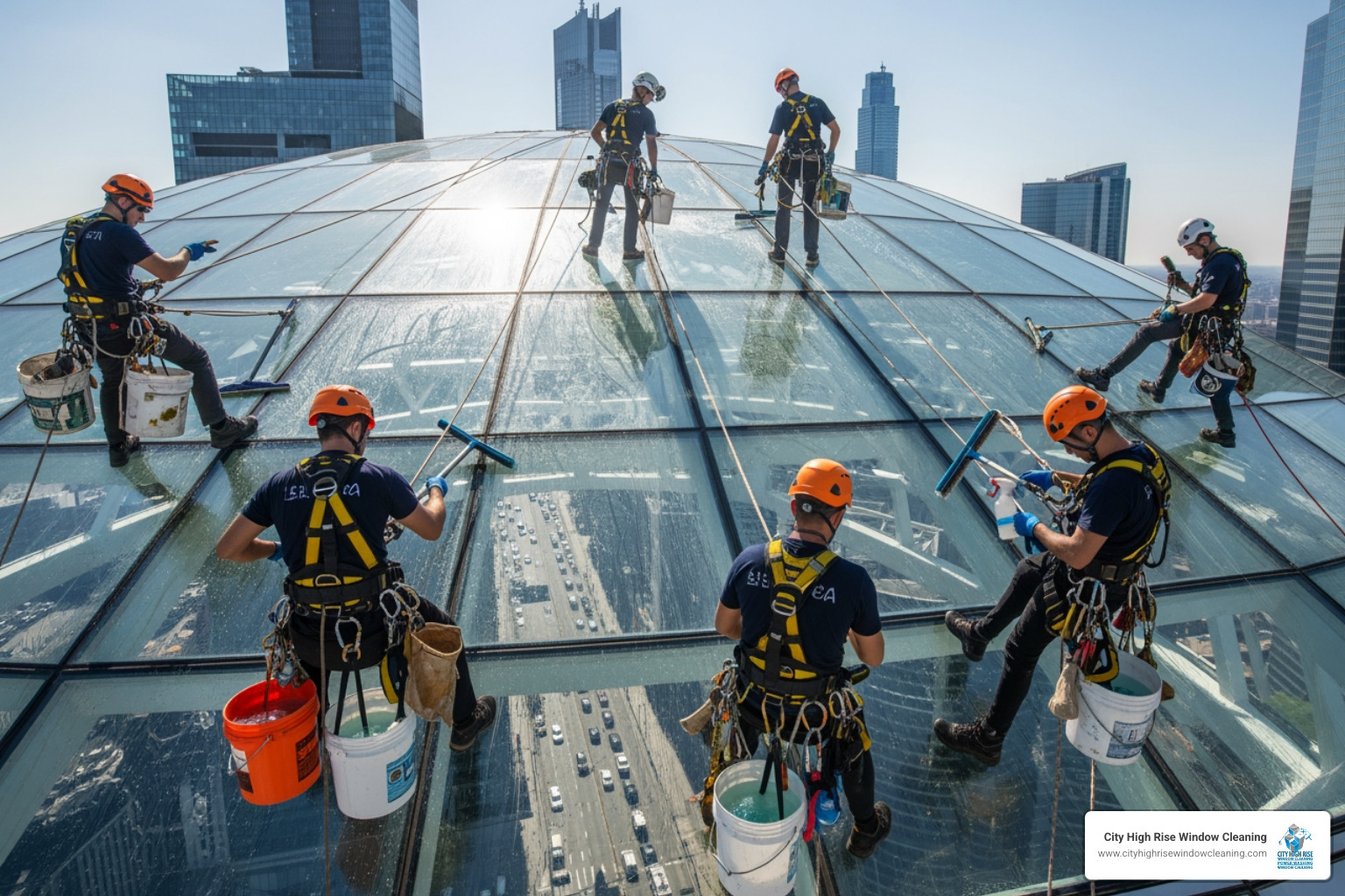 Technicians in safety harnesses performing a high-rise canopy cleaning - canopy cleaning service Technicians in safety harnesses performing a high-rise canopy cleaning - canopy cleaning service