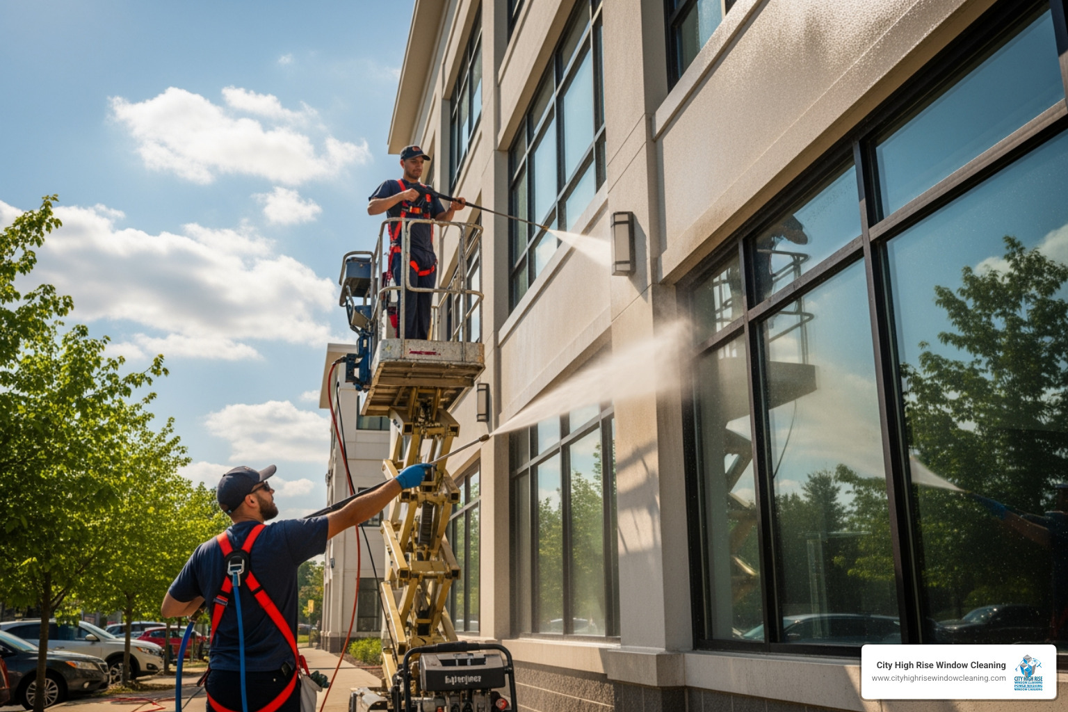 Professional, uniformed team using safety harnesses and modern pressure washing equipment on a commercial building in NJ - commercial pressure washing NJ Professional, uniformed team using safety harnesses and modern pressure washing equipment on a commercial building in NJ - commercial pressure washing NJ