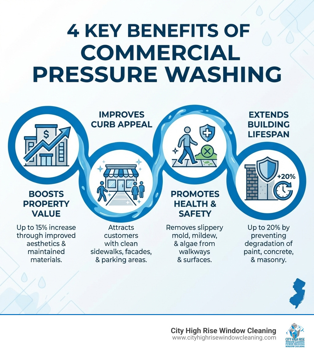 Infographic showing 4 key benefits of commercial pressure washing: 1. Boosts Property Value by up to 15% through improved aesthetics and maintained building materials, 2. Improves Curb Appeal with clean sidewalks, facades, and parking areas that attract customers, 3. Promotes Health and Safety by removing slippery mold, mildew, and algae from walkways and surfaces, 4. Extends Building Lifespan by up to 20% by preventing dirt and contaminants from degrading paint, concrete, and masonry - commercial pressure washing NJ infographic Infographic showing 4 key benefits of commercial pressure washing: 1. Boosts Property Value by up to 15% through improved aesthetics and maintained building materials, 2. Improves Curb Appeal with clean sidewalks, facades, and parking areas that attract customers, 3. Promotes Health and Safety by removing slippery mold, mildew, and algae from walkways and surfaces, 4. Extends Building Lifespan by up to 20% by preventing dirt and contaminants from degrading paint, concrete, and masonry - commercial pressure washing NJ infographic