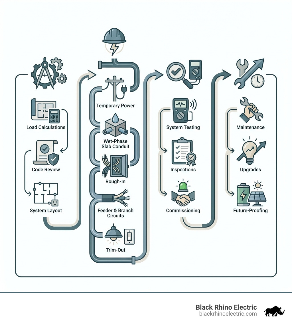 Commercial New Construction Electrical Process: Planning & Design (Load Calculations, Code Review, System Layout) → Installation Phases (Temporary Power, Wet-Phase Slab Conduit, Rough-In, Feeder & Branch Circuits, Trim-Out) → Testing & Compliance (System Testing, Inspections, Commissioning) → Post-Installation (Maintenance, Upgrades, Future-Proofing) - Commercial new construction electrical infographic 