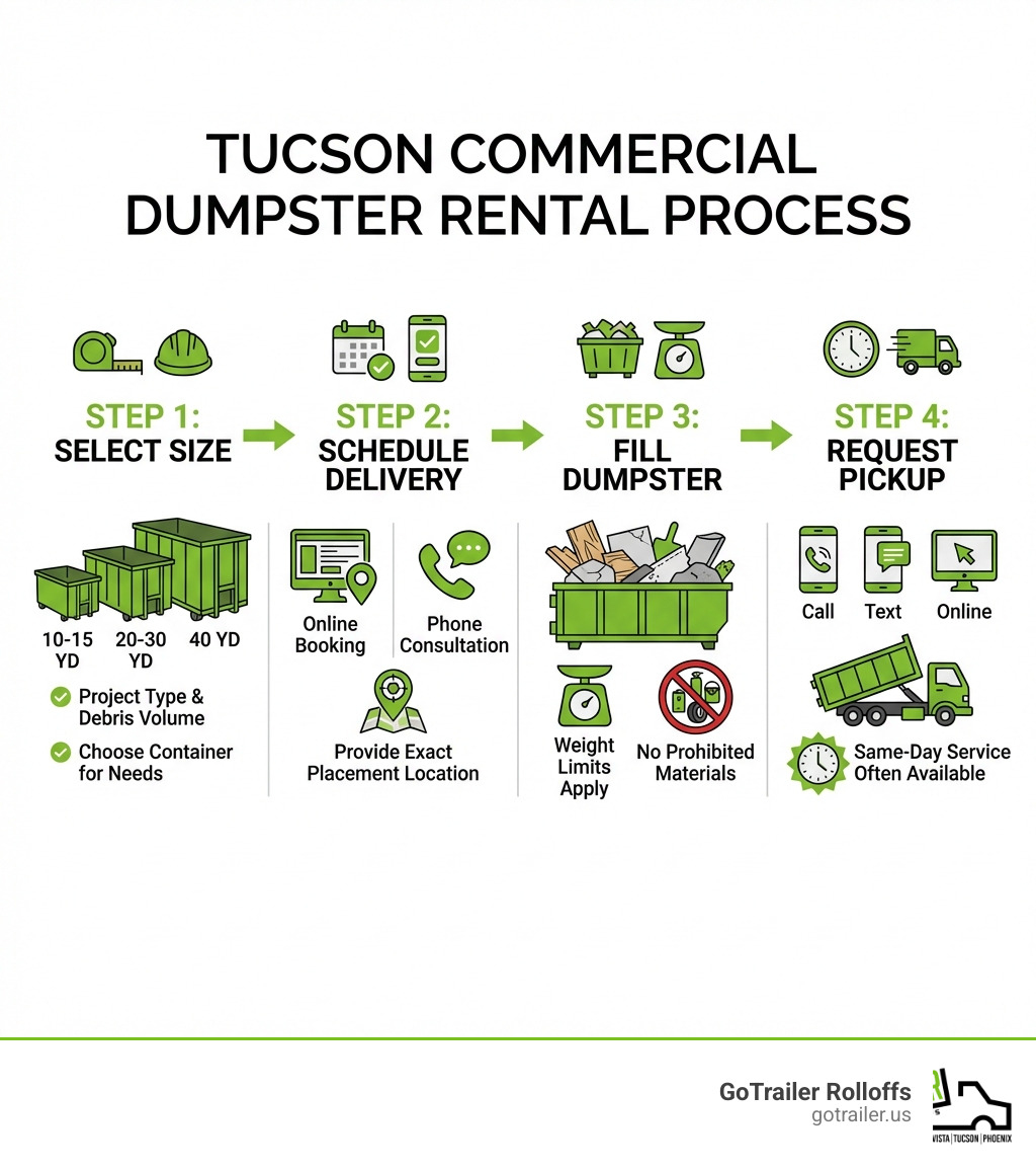 Infographic showing the 4-step commercial dumpster rental process in Tucson: Step 1 - Select your dumpster size based on project type and debris volume; Step 2 - Schedule delivery with online booking or phone consultation, providing exact placement location; Step 3 - Fill the dumpster during your project while staying within weight limits and avoiding prohibited materials; Step 4 - Request pickup via call, text, or online when ready, with same-day service often available - dumpster delivery tucson infographic Infographic showing the 4-step commercial dumpster rental process in Tucson: Step 1 - Select your dumpster size based on project type and debris volume; Step 2 - Schedule delivery with online booking or phone consultation, providing exact placement location; Step 3 - Fill the dumpster during your project while staying within weight limits and avoiding prohibited materials; Step 4 - Request pickup via call, text, or online when ready, with same-day service often available - dumpster delivery tucson infographic