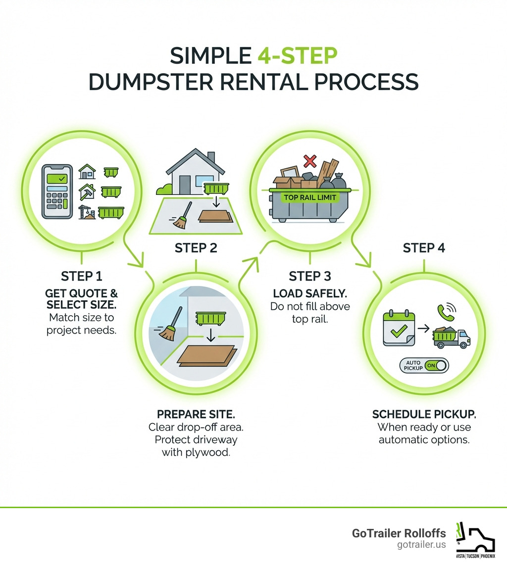 Infographic showing the 4-step dumpster rental process: Step 1 - Get a free quote and select your dumpster size based on your project needs; Step 2 - Prepare your site by clearing the drop-off area and protecting your driveway with plywood; Step 3 - Load your dumpster safely without filling above the top rail; Step 4 - Schedule pickup when ready or use automatic pickup options - dumpster rental whetstone az infographic Infographic showing the 4-step dumpster rental process: Step 1 - Get a free quote and select your dumpster size based on your project needs; Step 2 - Prepare your site by clearing the drop-off area and protecting your driveway with plywood; Step 3 - Load your dumpster safely without filling above the top rail; Step 4 - Schedule pickup when ready or use automatic pickup options - dumpster rental whetstone az infographic