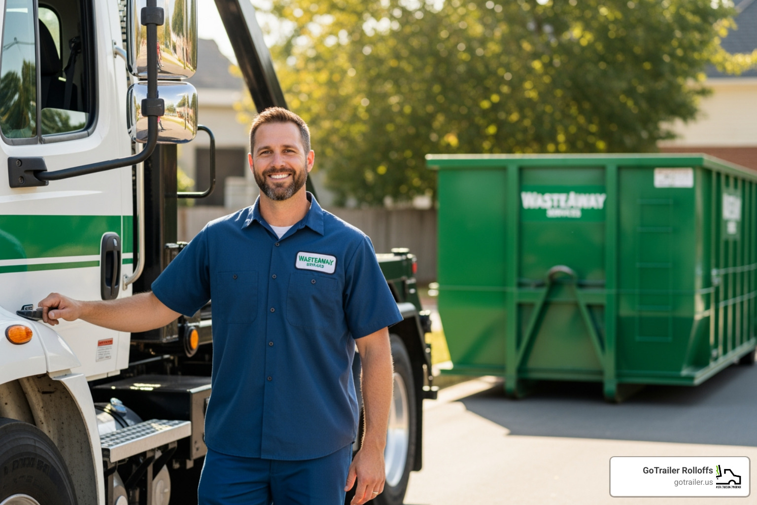 friendly driver next to a dumpster truck - cheapest roll off dumpster near me friendly driver next to a dumpster truck - cheapest roll off dumpster near me