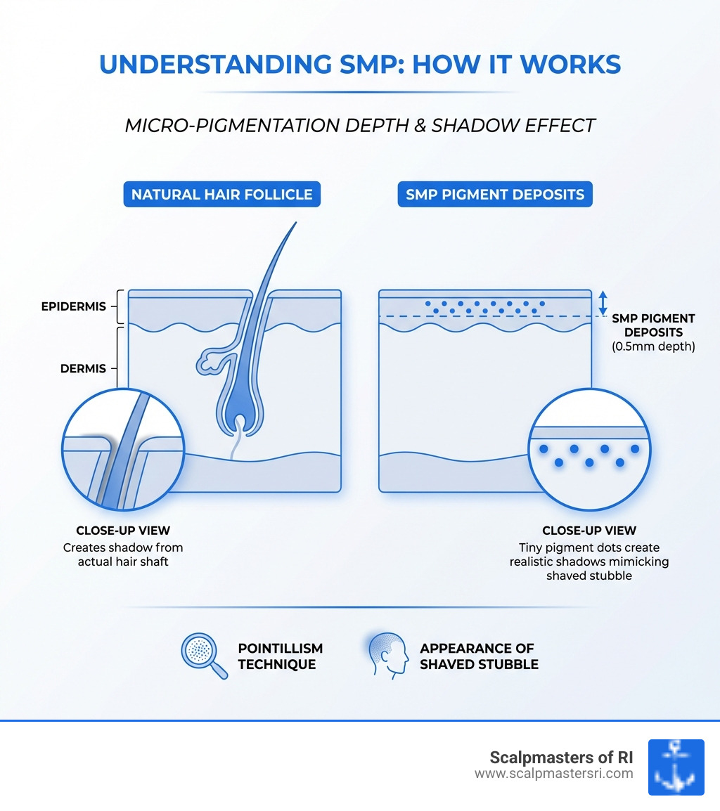 infographic showing cross-section of scalp with SMP pigment deposits at 0.5mm depth in the epidermal layer, compared to hair follicles, illustrating how the pigment dots create shadows that mimic the appearance of shaved hair stubble - what is SMP infographic infographic showing cross-section of scalp with SMP pigment deposits at 0.5mm depth in the epidermal layer, compared to hair follicles, illustrating how the pigment dots create shadows that mimic the appearance of shaved hair stubble - what is SMP infographic