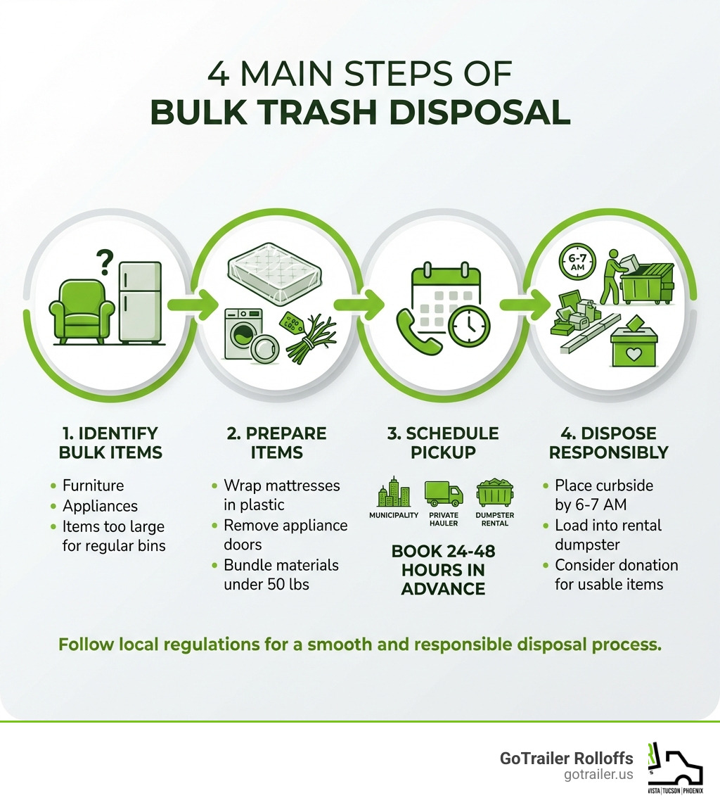 Infographic showing 4 main steps of bulk trash disposal: Step 1 - Identify bulk items like furniture and appliances that don't fit in regular trash; Step 2 - Prepare items by wrapping mattresses in plastic, removing appliance doors, and bundling materials under 50 lbs; Step 3 - Schedule pickup through your municipality, private hauler, or dumpster rental service at least 24-48 hours in advance; Step 4 - Dispose by placing items curbside by 6-7 AM on collection day or loading into your rental dumpster, with options to donate usable items - bulk trash disposal infographic Infographic showing 4 main steps of bulk trash disposal: Step 1 - Identify bulk items like furniture and appliances that don't fit in regular trash; Step 2 - Prepare items by wrapping mattresses in plastic, removing appliance doors, and bundling materials under 50 lbs; Step 3 - Schedule pickup through your municipality, private hauler, or dumpster rental service at least 24-48 hours in advance; Step 4 - Dispose by placing items curbside by 6-7 AM on collection day or loading into your rental dumpster, with options to donate usable items - bulk trash disposal infographic