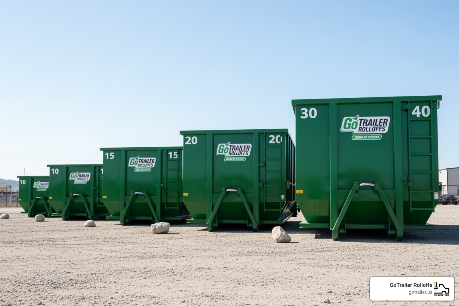 different GoTrailer Rolloffs dumpster sizes (10, 15, 20, 30, 40 yard) lined up for comparison - rent a waste dumpster different GoTrailer Rolloffs dumpster sizes (10, 15, 20, 30, 40 yard) lined up for comparison - rent a waste dumpster