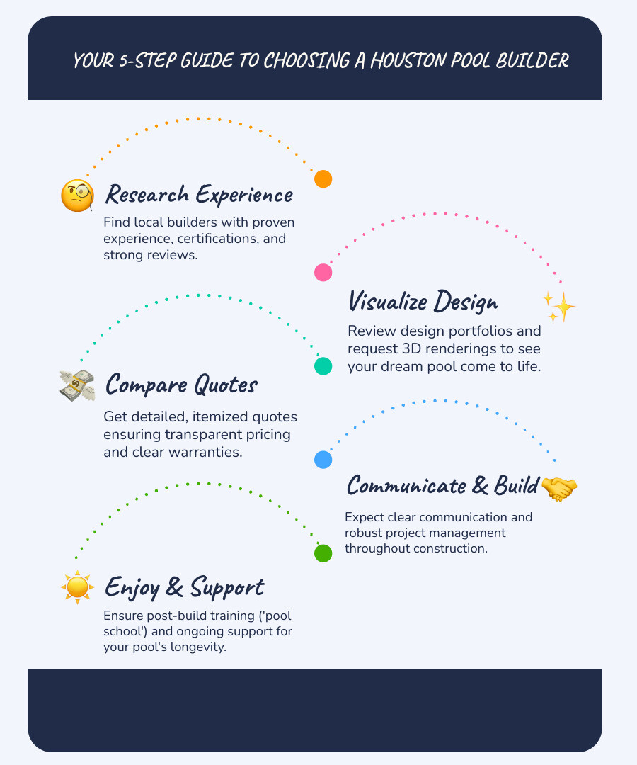 Infographic showing 5 steps to choosing a Houston pool builder: 1. Research local builders with proven experience, 2. Review designs and request 3D renderings, 3. Compare detailed quotes and warranties, 4. Monitor the build process with clear communication, 5. Enjoy your pool with proper training and support - Houston Texas pool builder infographic infographic-line-5-steps-blues-accent_colors Infographic showing 5 steps to choosing a Houston pool builder: 1. Research local builders with proven experience, 2. Review designs and request 3D renderings, 3. Compare detailed quotes and warranties, 4. Monitor the build process with clear communication, 5. Enjoy your pool with proper training and support - Houston Texas pool builder infographic infographic-line-5-steps-blues-accent_colors