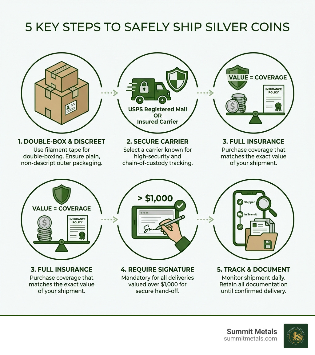 Infographic showing 5 key steps to safely ship silver coins: 1. Double-box your coins with filament tape and discreet packaging. 2. Select USPS Registered Mail or insured carrier for maximum security. 3. Purchase full insurance coverage matching your shipment value. 4. Require signature confirmation for all deliveries over $1,000. 5. Track shipment daily and save all documentation until confirmed delivery. - shipping silver coins infographic 