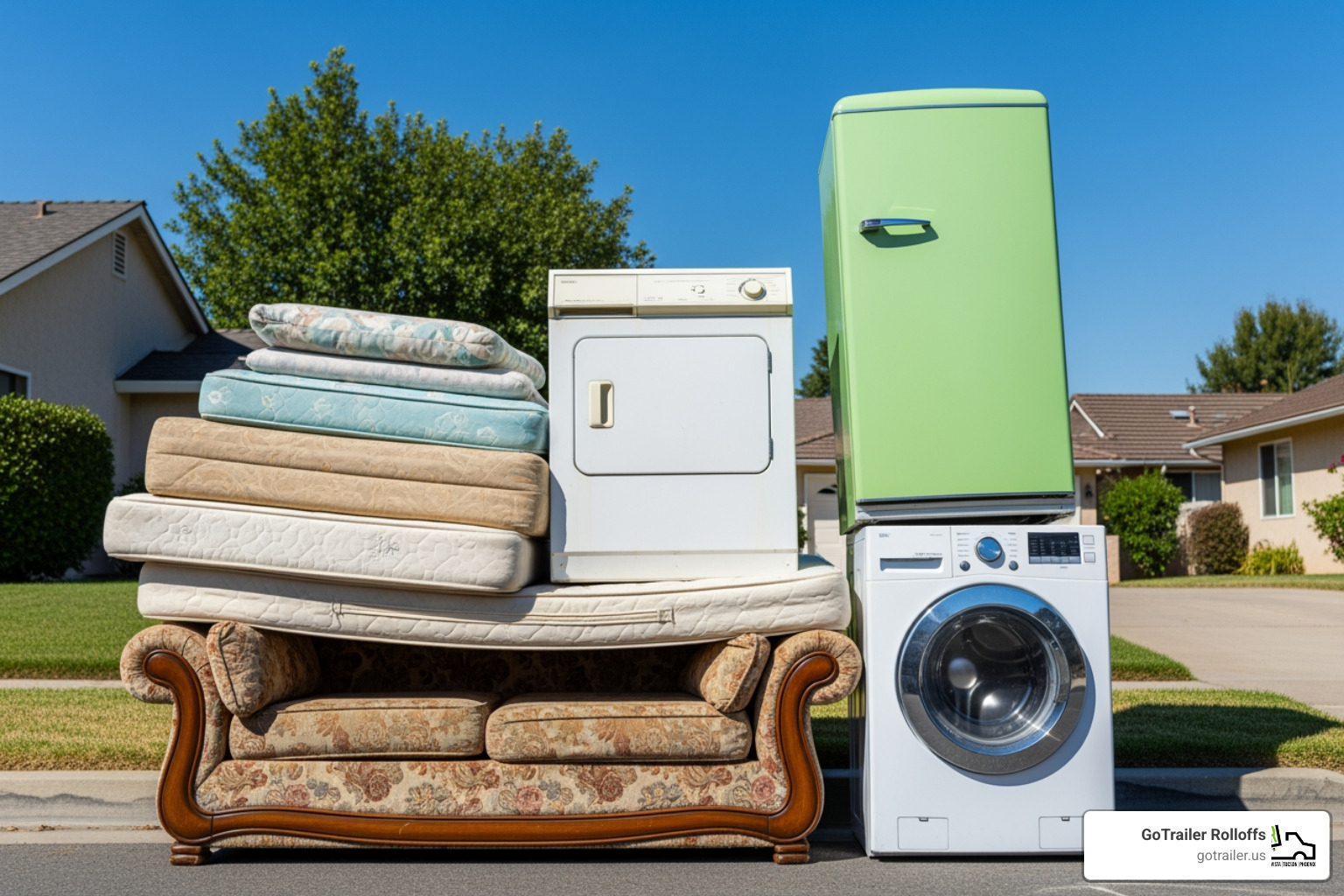 common junk items like an old couch, mattress, and appliances stacked neatly - Arizona junk removal common junk items like an old couch, mattress, and appliances stacked neatly - Arizona junk removal
